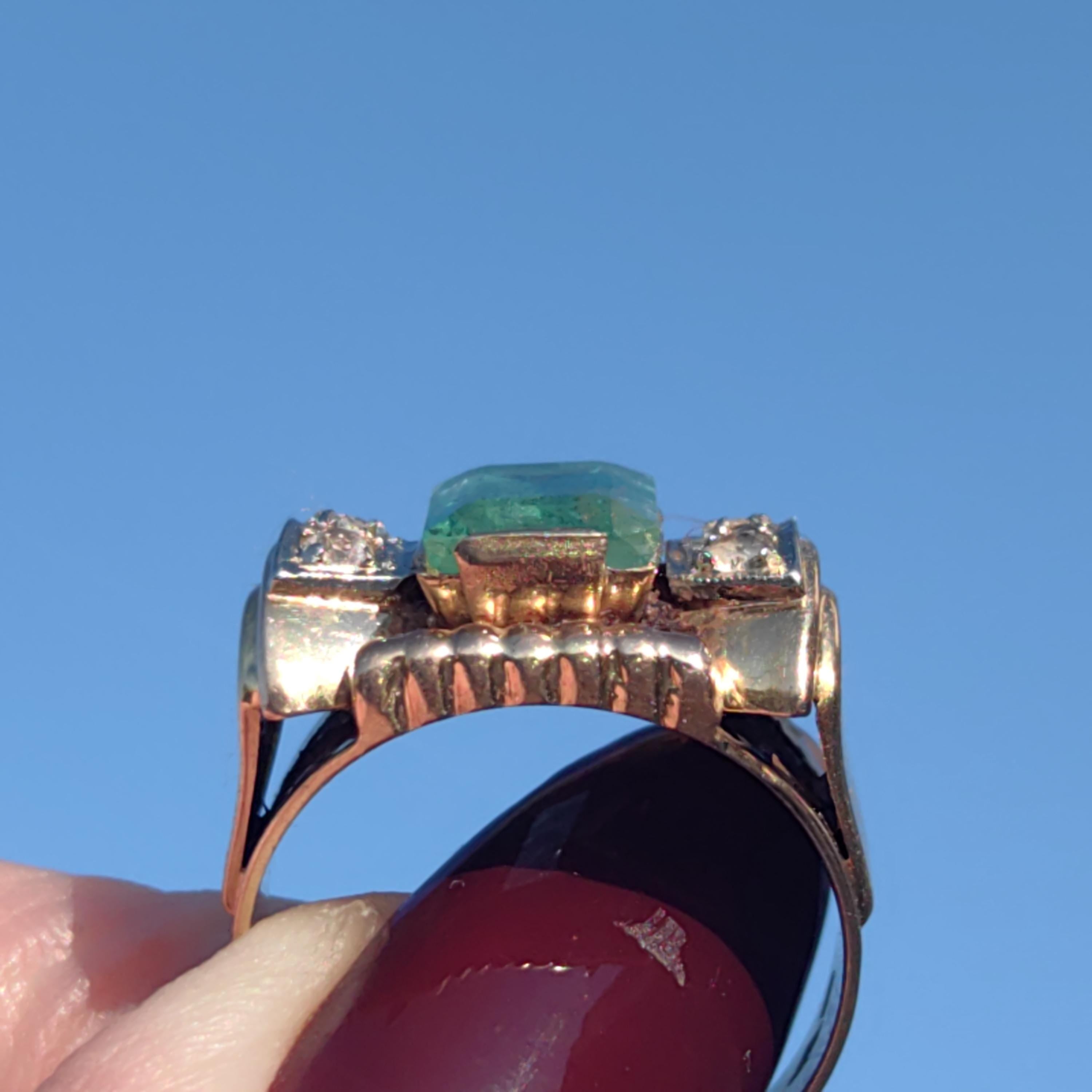 Art Deco 1930s Ring Antique  Genuine 2ct Emerald Diamond solid 18k Gold Vintage Statement Band Chevalier Unisex Estate 6,1gr 6.3/4 resize fr