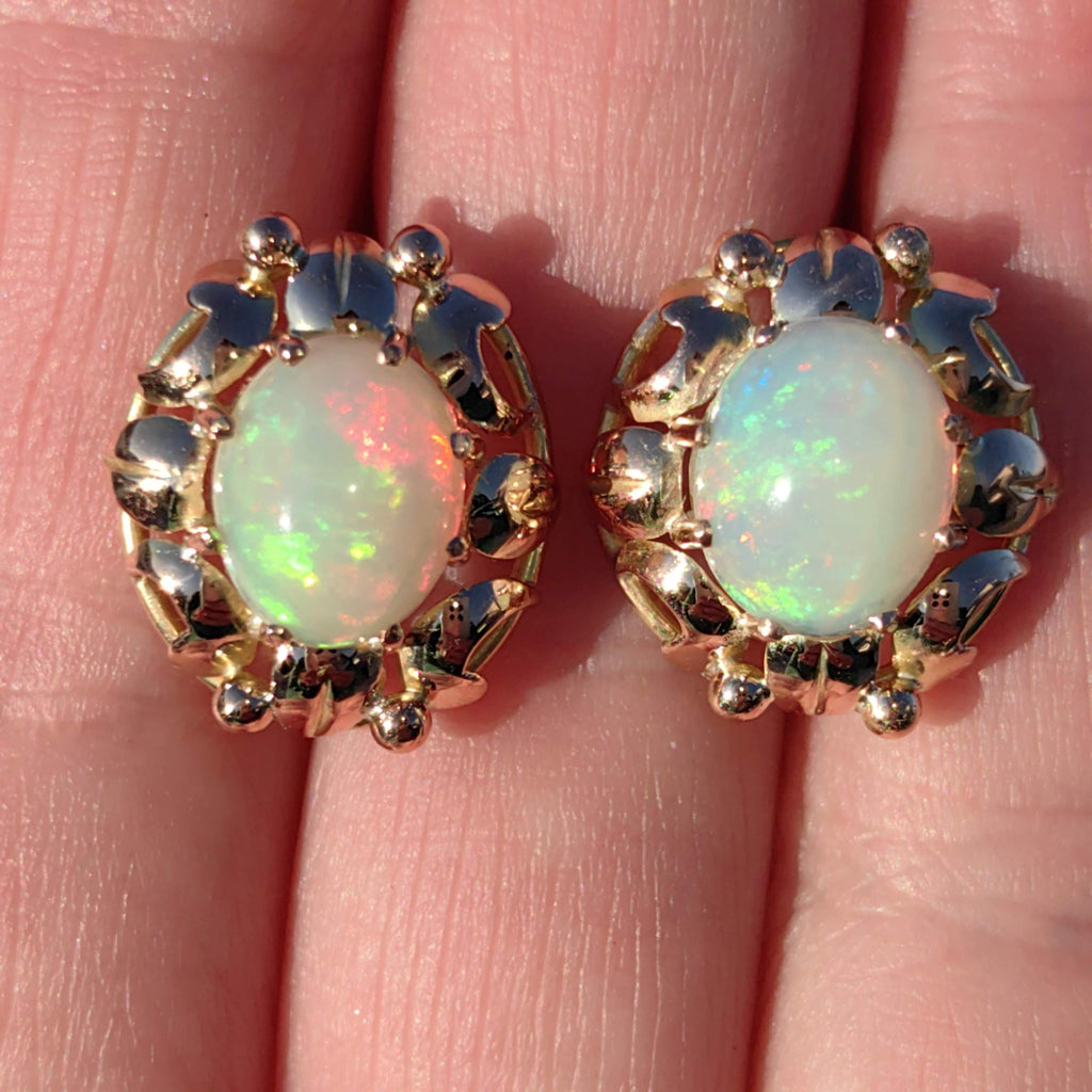 Antique Opal 18k Gold Earrings: Handmade Floral Art Nouveau Jewelry
