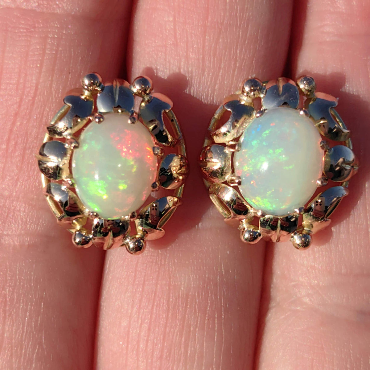 Antique Opal 18k Gold Earrings: Handmade Floral Art Nouveau Jewelry
