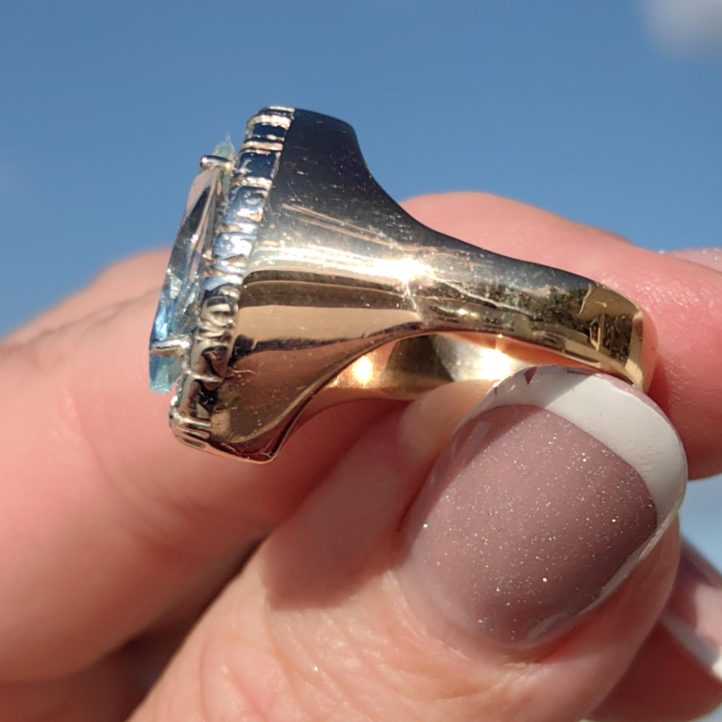 Vintage Art Deco Aquamarine Diamond Ring: 14k Yellow Gold Marquise Cut