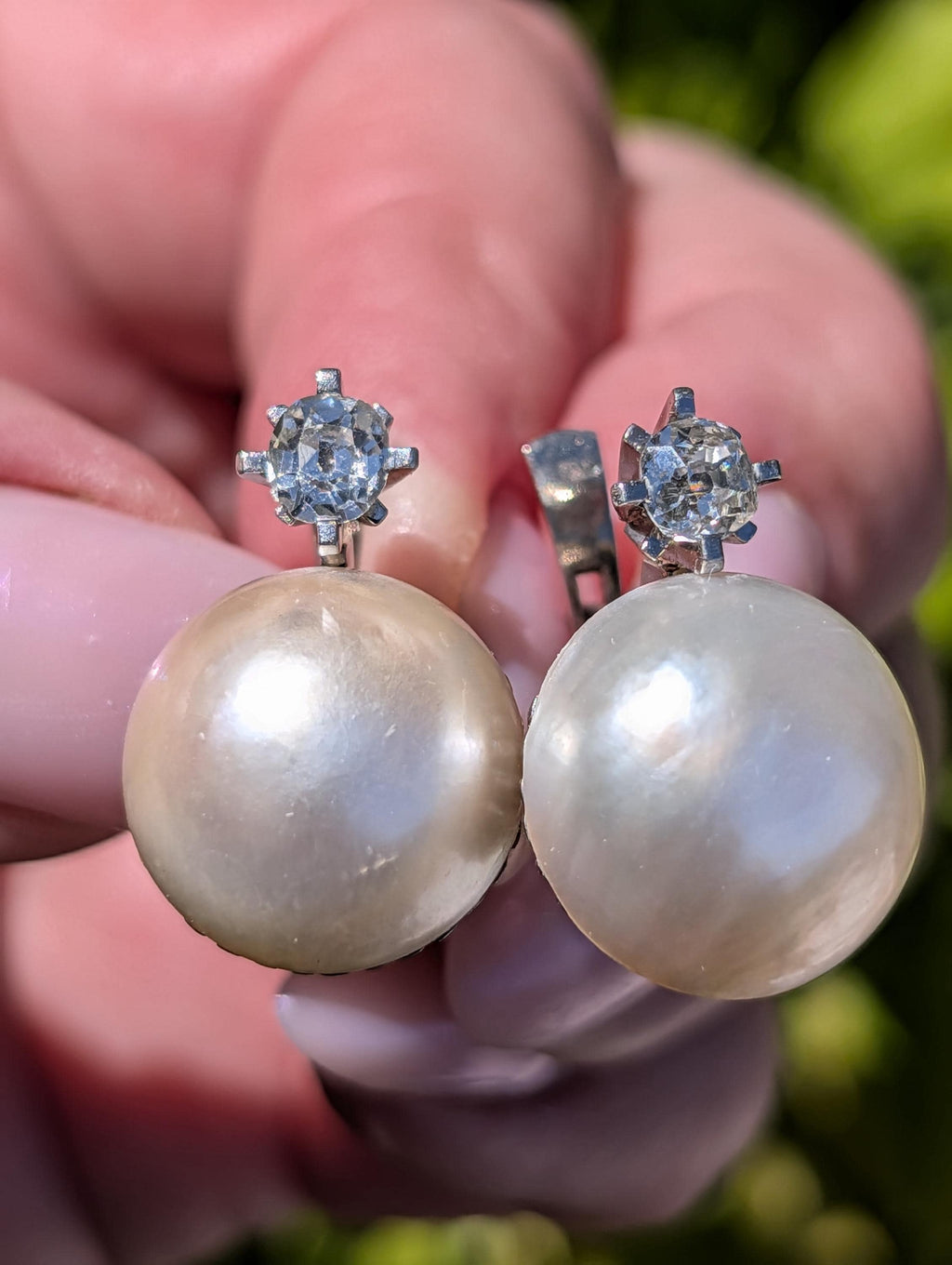 1940s Diamond Mabe Pearl Statement Earrings 18k White Gold Old Mine Cut Diamonds Hallmarked Luxury Fine Jewelry Gift for Her
