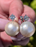 1940s Diamond Mabe Pearl Statement Earrings 18k White Gold Old Mine Cut Diamonds Hallmarked Luxury Fine Jewelry Gift for Her