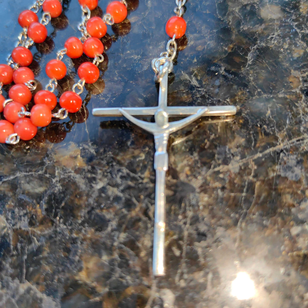 1930s Antique Coral Rosary Necklace: Silver Madonna, Jesus on Cross