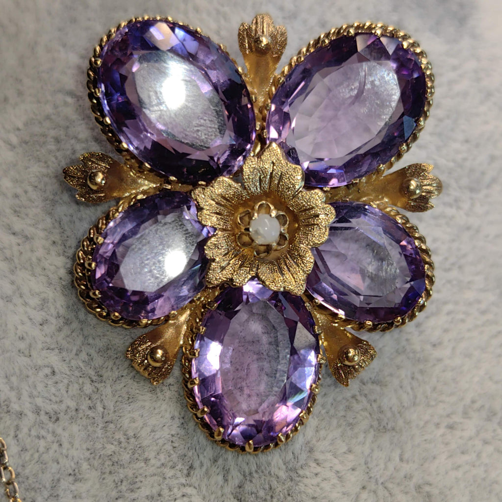 Victorian Amethyst Pearl Floral Pendant Brooch, Gold Plated Silver (1880s)