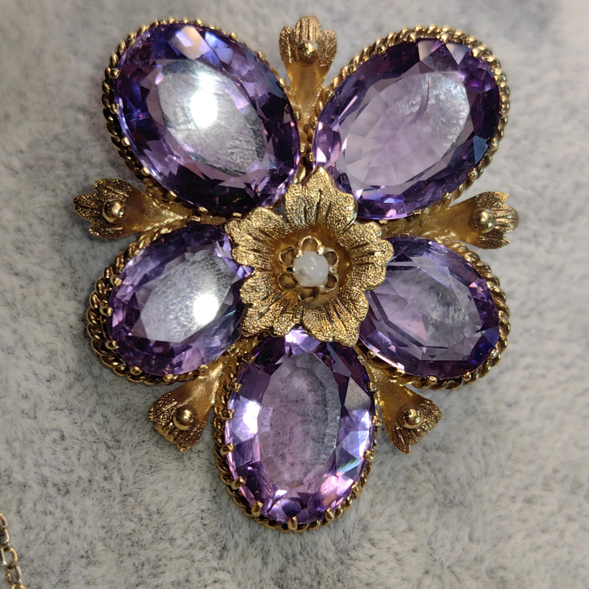 Victorian Amethyst Pearl Floral Pendant Brooch, Gold Plated Silver (1880s)