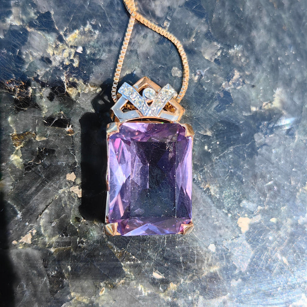 Art Deco Antique Vintage Amethyst and Diamond Gold Statement Pendant