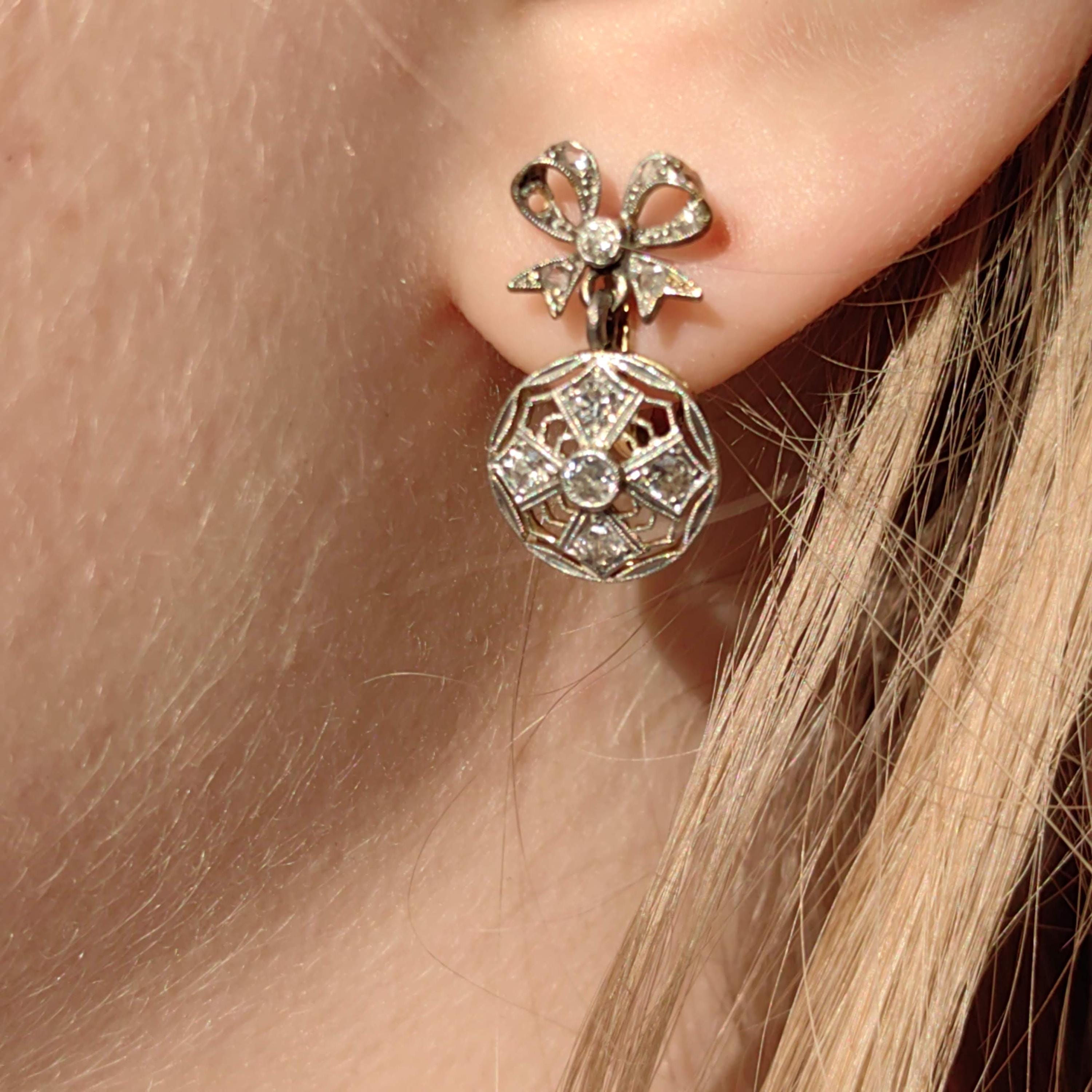 Art Deco Diamond Bow Earrings: 18k Gold Dangle Earrings, 1920s Vintage Style