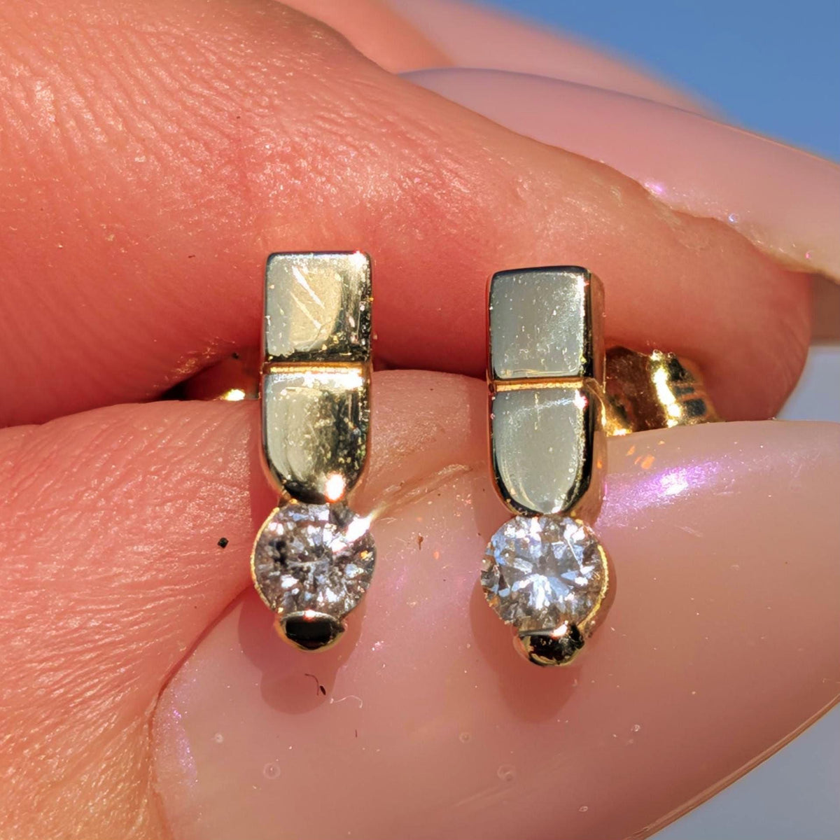 Diamond 14k Solid Yellow Gold Hallmarked Elegant Stud Earrings Geometric Minimalist Vintage Push Back Closure Earrings
