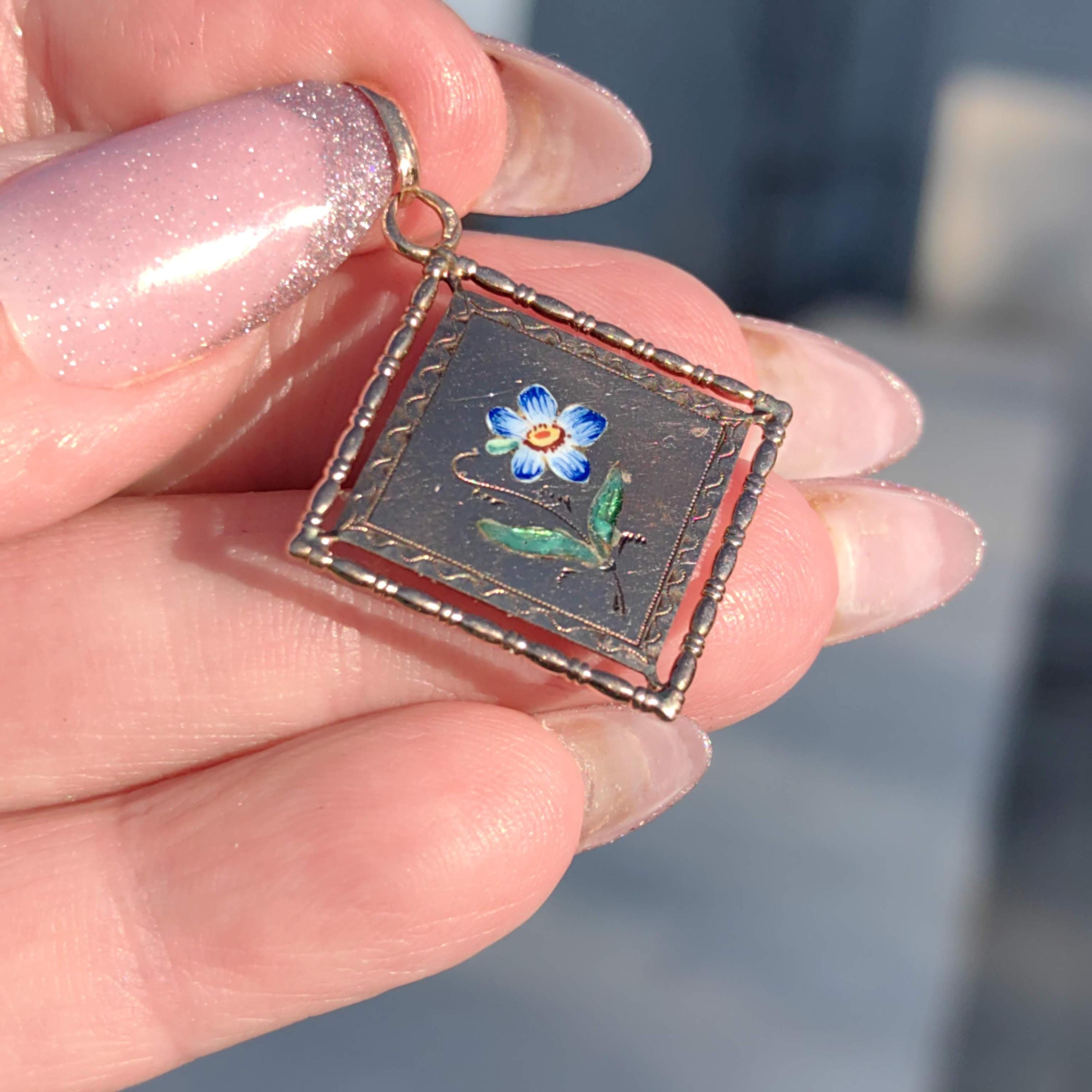 Art Nouveau 14k Gold Enamel Flower Pendant: Antique Miniature Charm