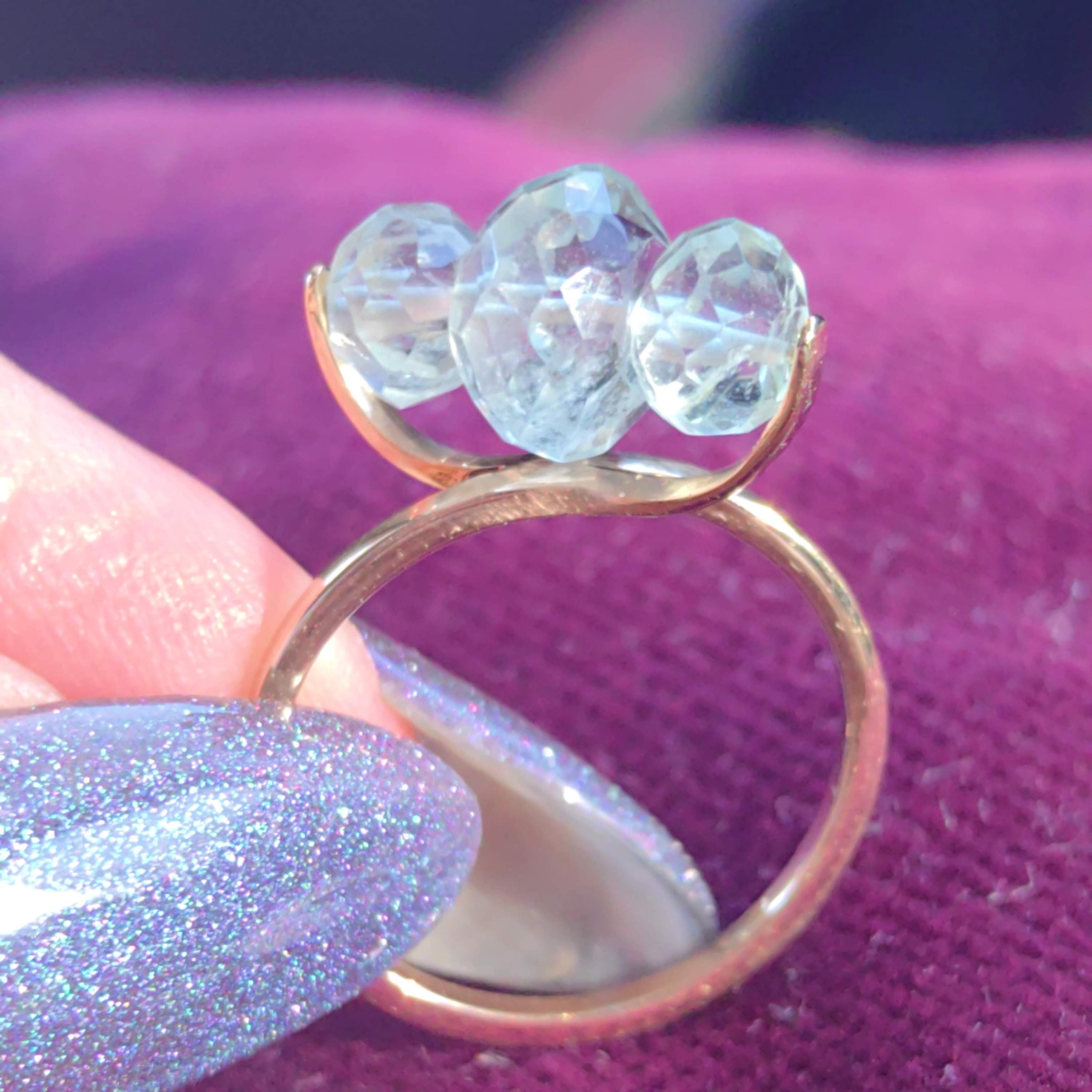 Light Blue Natural Aquamarine Solid 14k Yellow Gold 1980s Vintage Ring Geometric Band Elegant Gift for her Present