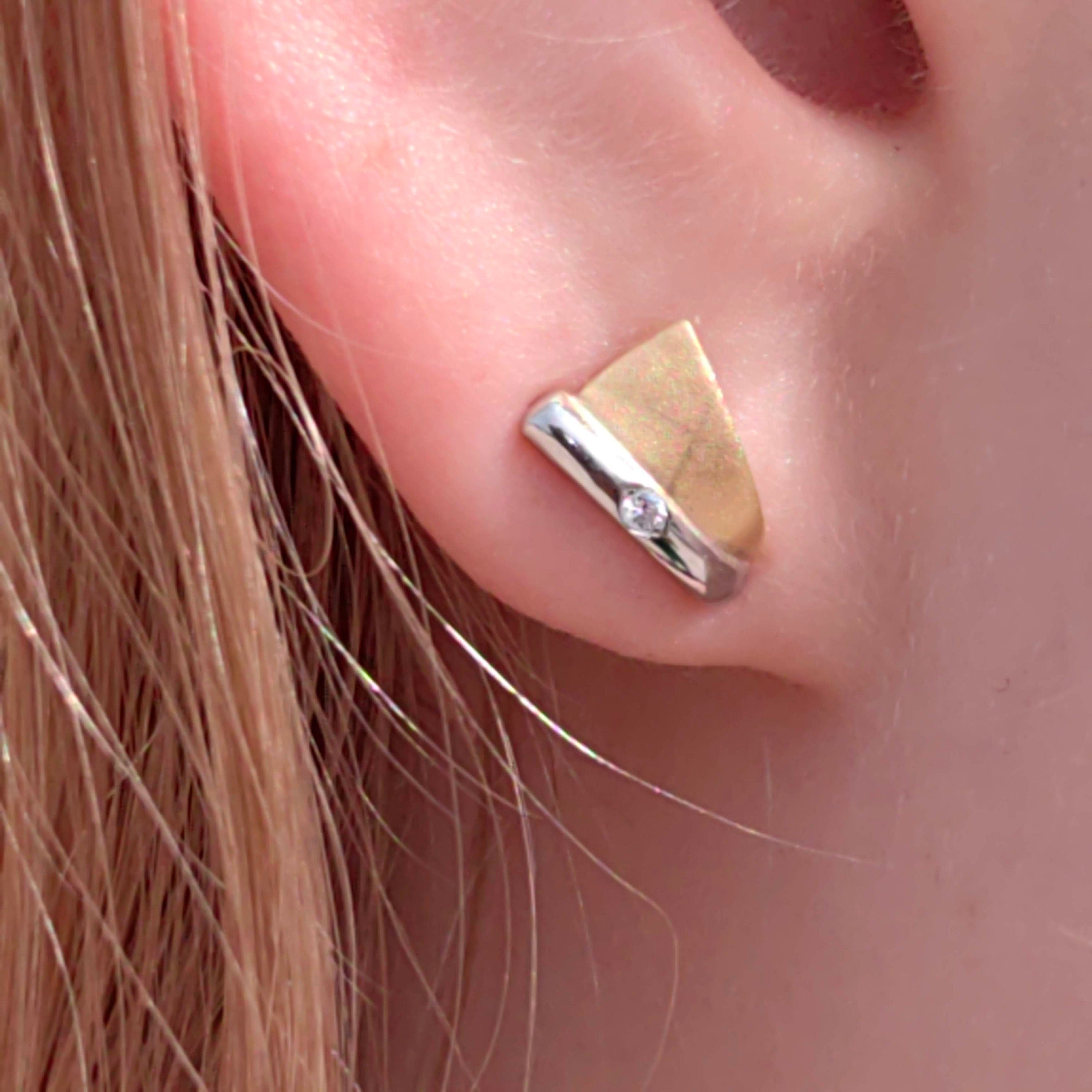 14k Yellow & White Gold Diamond Triangle Stud Earrings – Geometric Dainty Jewelry