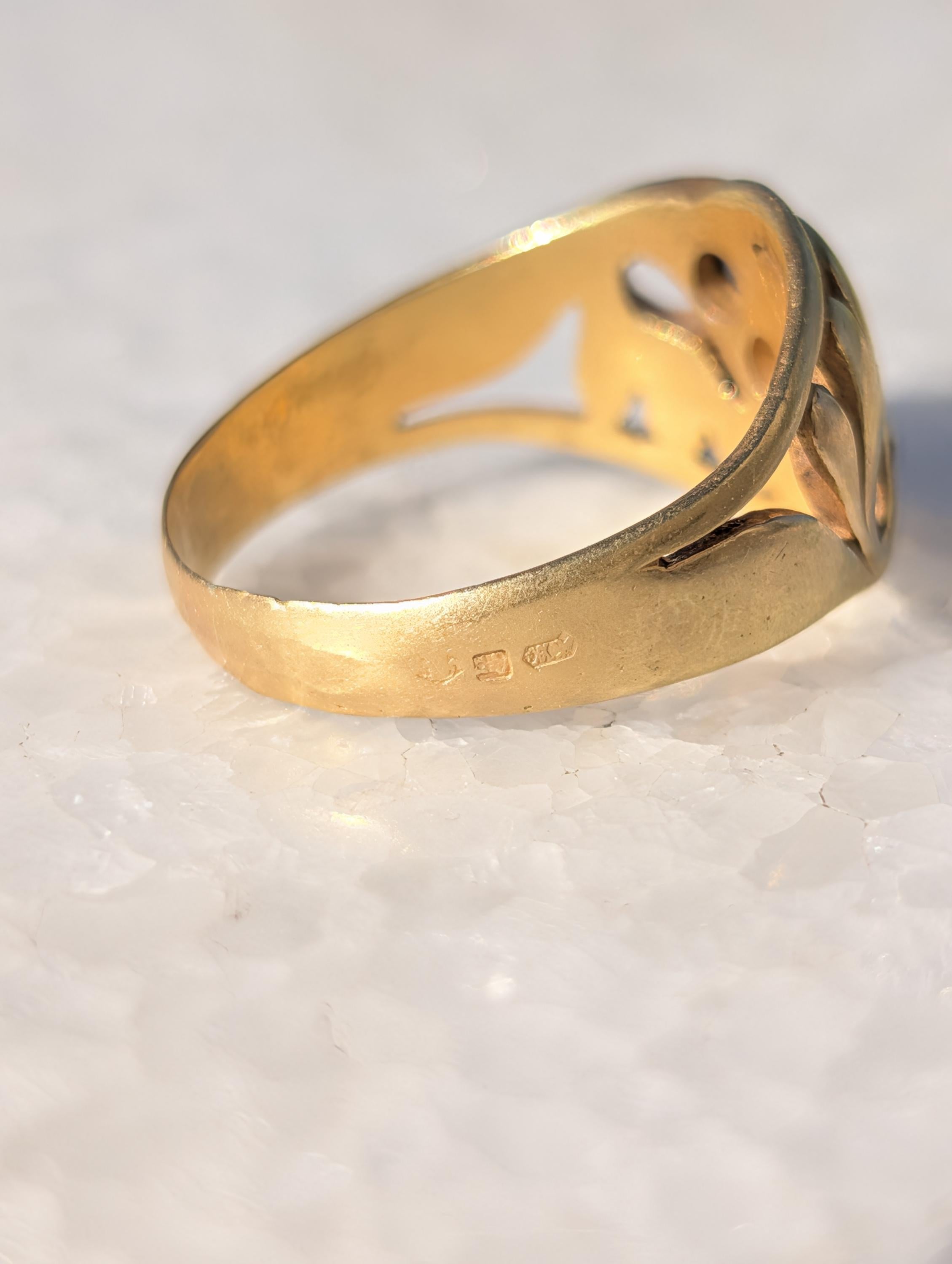 Victorian 1880s Sapphire Diamond Three Stone Ring 19K Gold Laurel Leaf Wide Band Antique US Duty Free HTS 9706