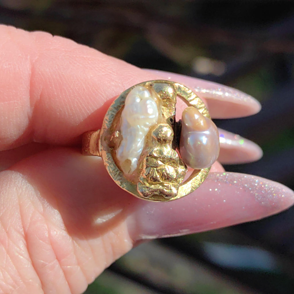18k Gold Nugget Ring: Two-Tone Pearl Boho Ring