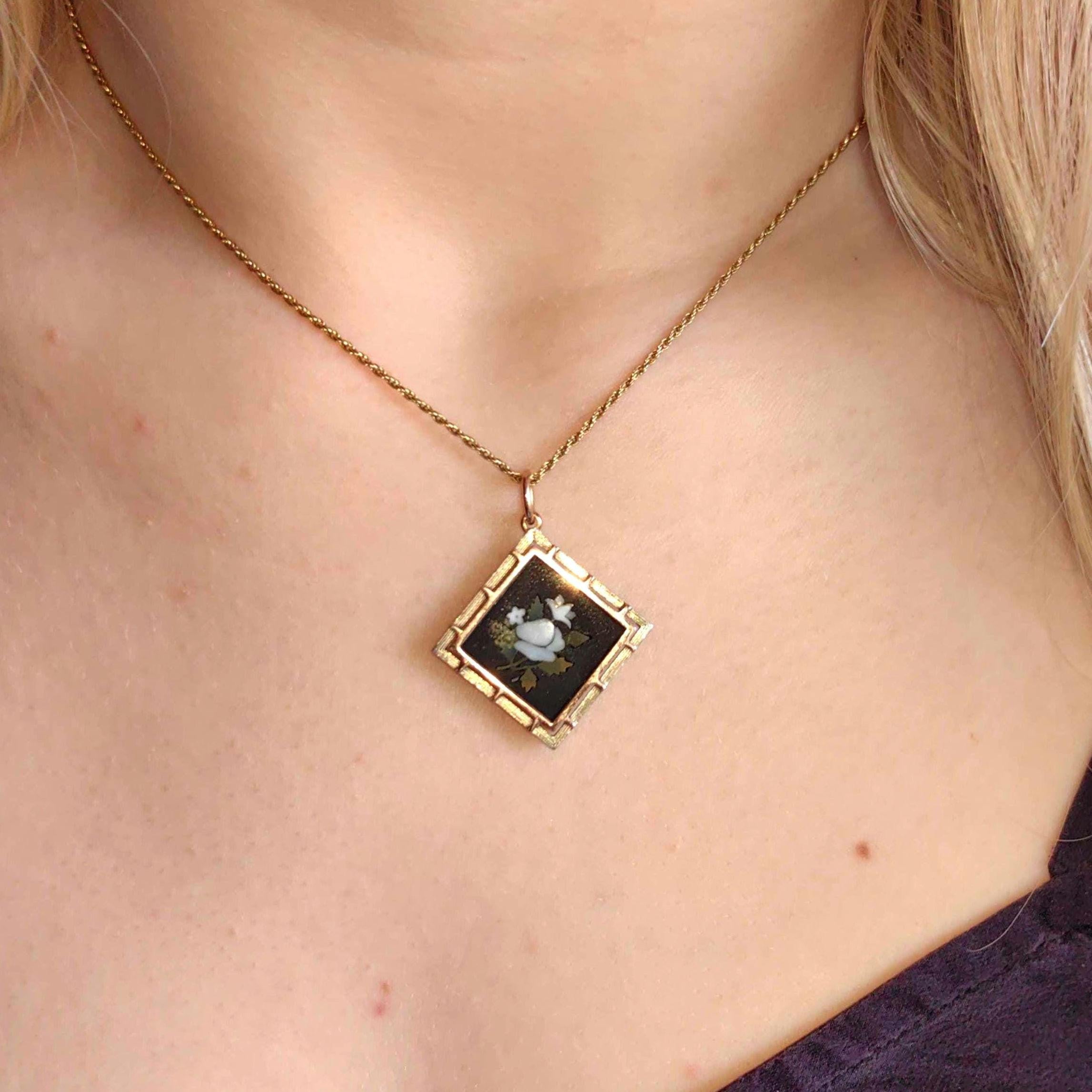 Victorian Micromosaic Flower Pendant: 18k Gold & Petra Dura Stone