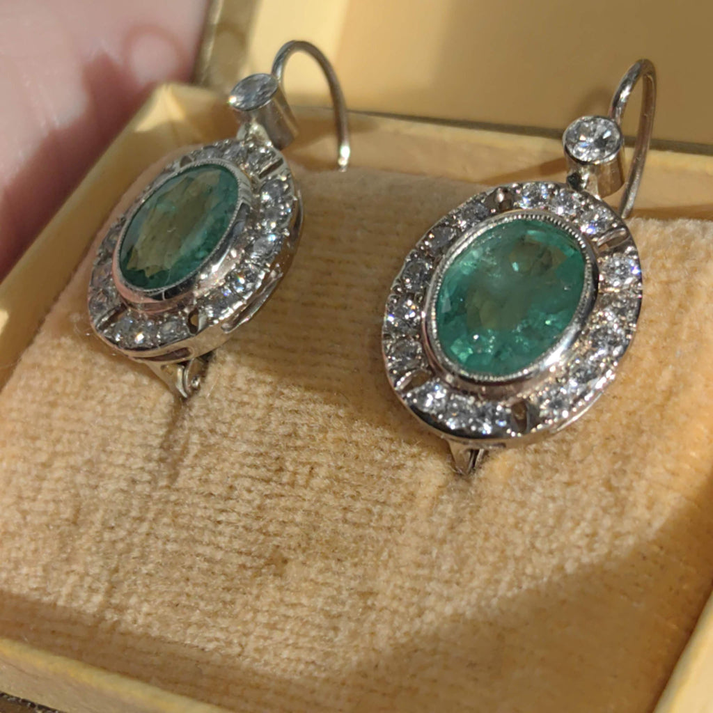 Mid Century 1950s Genuine High Quality Green Emeralds and Diamond Earrings  14k Solid White Gold Sleepers Dangle Earrings gift for her