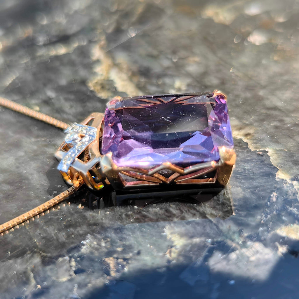 Art Deco Antique Vintage Amethyst and Diamond Gold Statement Pendant