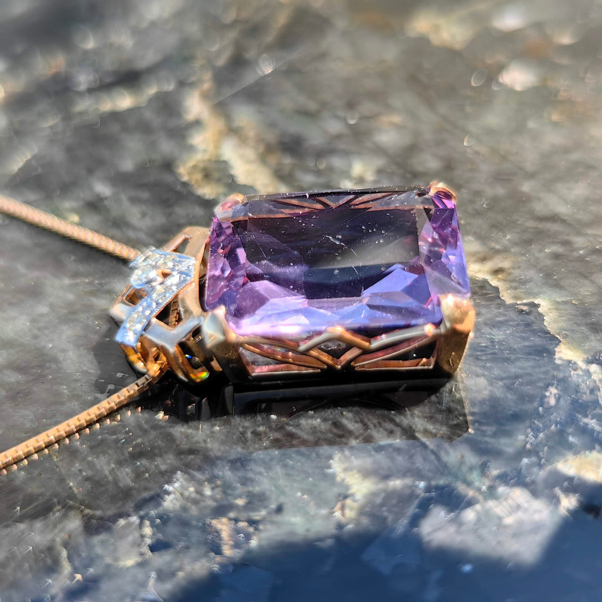 Art Deco Antique Vintage Amethyst and Diamond Gold Statement Pendant