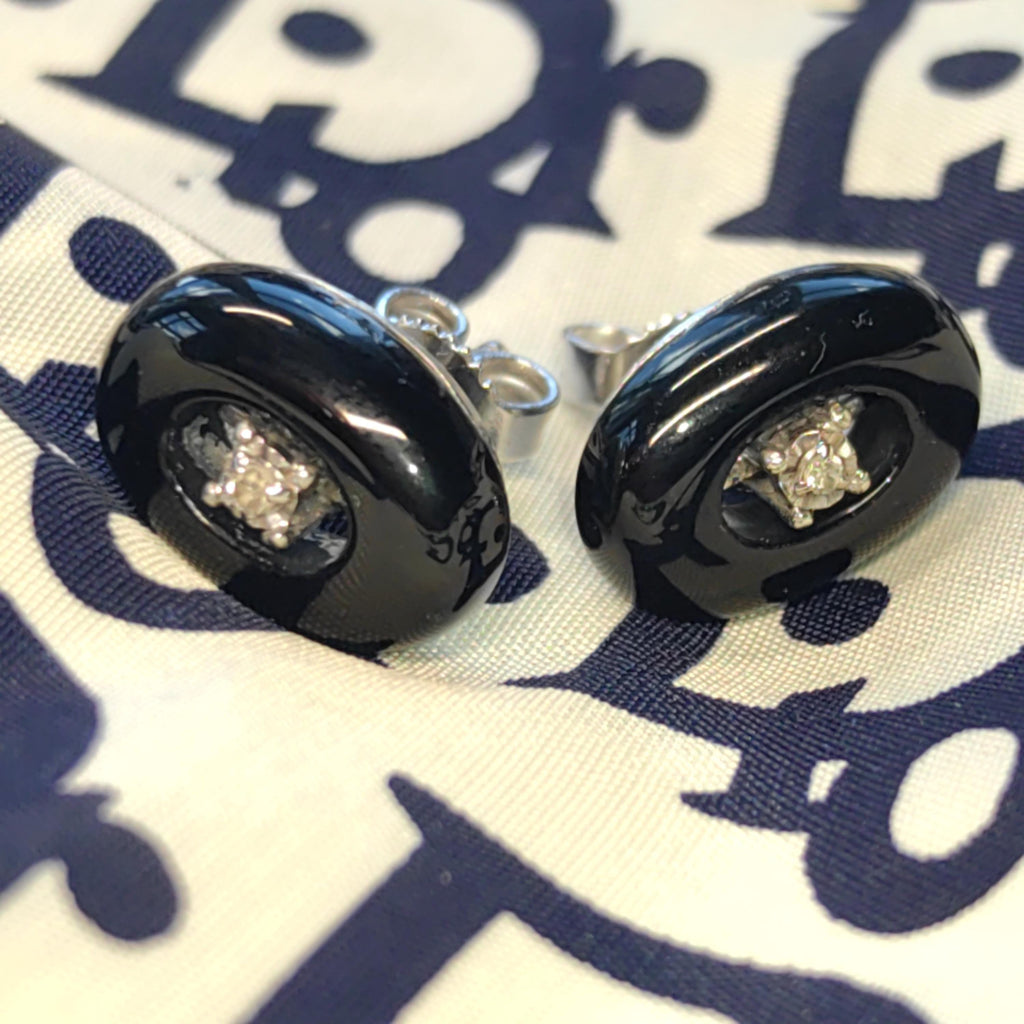 Mid Century Onyx Diamond Solid 8k White Gold Stud Earrings, Minimalist Elegant Black Oval Shaped Earrings, Gift for Her Present