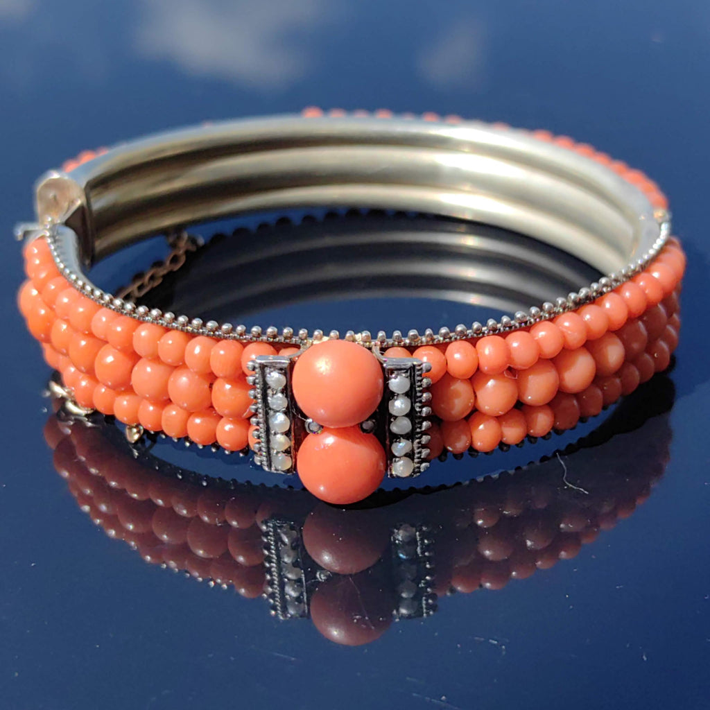 Victorian 800 Silver Coral Bangle Bracelet: Pearl Accent Statement Jewelry