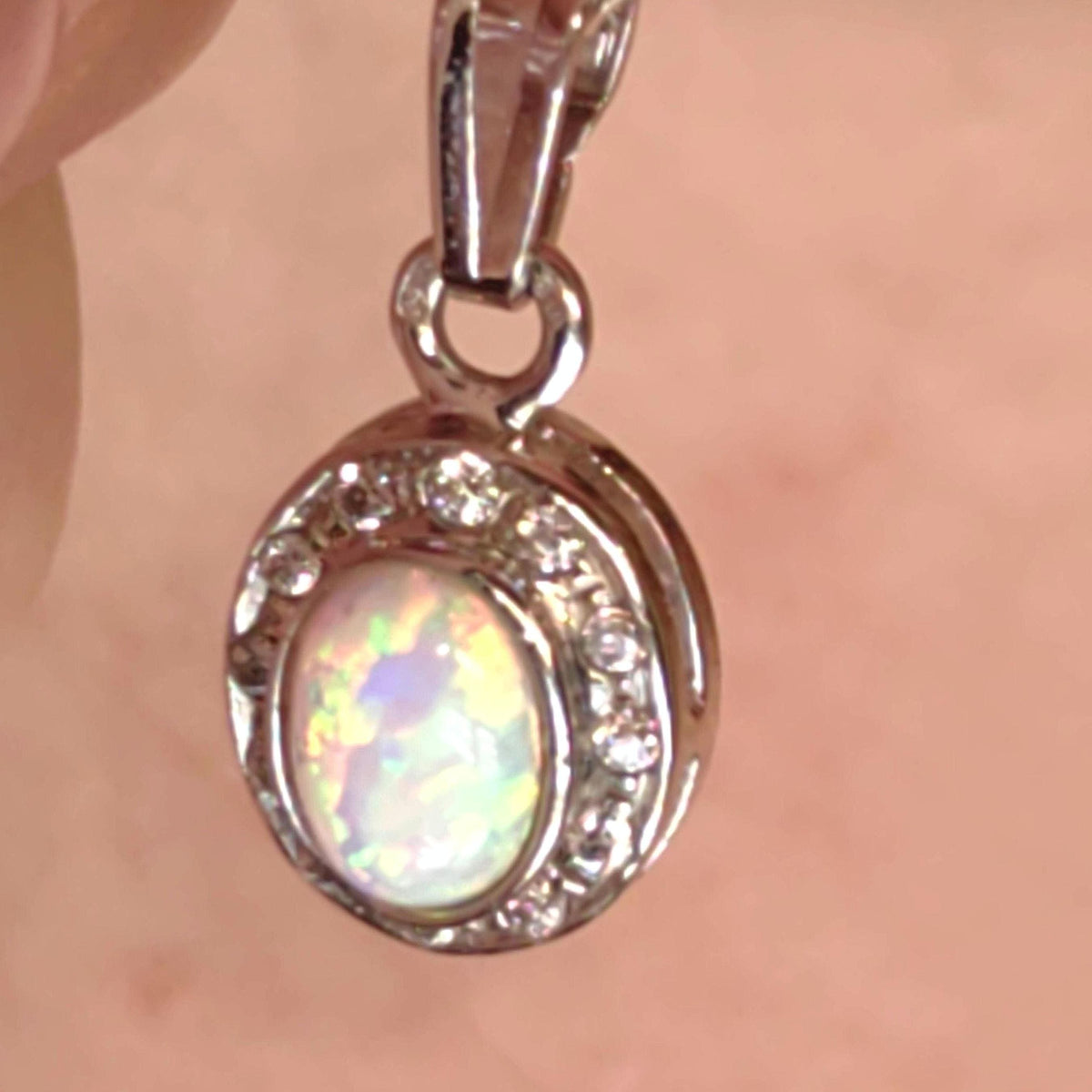 Natural Opal Solid 14k white Gold  Colorful  Stone Vintage Antique  Pendant, Dainty Cubic Zirconia Charm Elegant Gift for Her