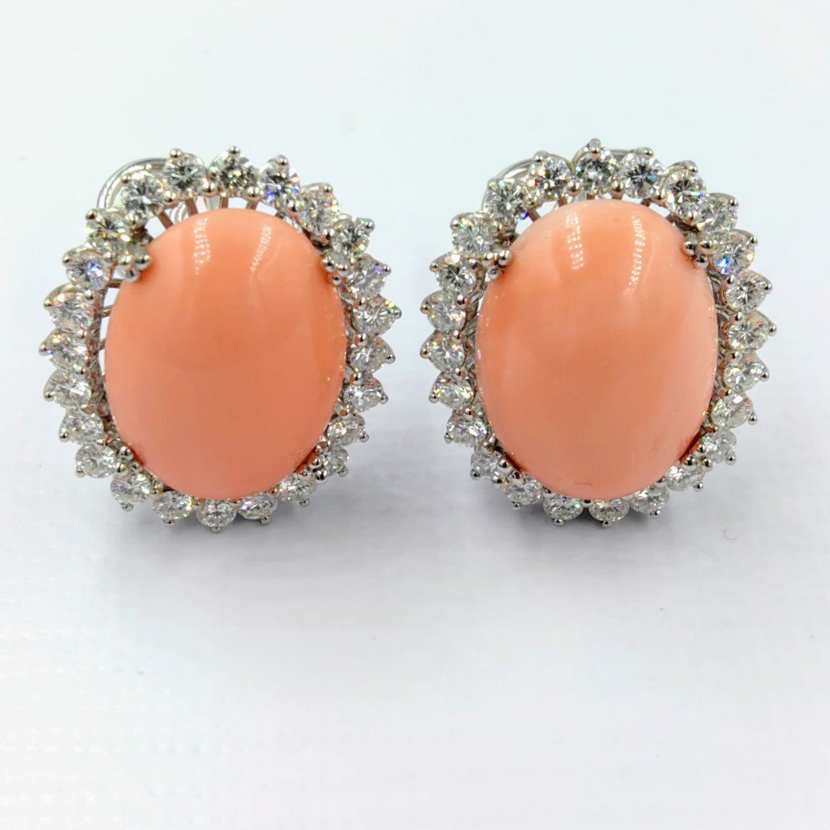 1960s Angel Skin Coral Diamond Earrings, 2.40ct Diamonds, 18k White Gold, 25mm Mid-Century Omega Backs