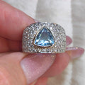 Aquamarine Trillion Diamond 18k White Gold Statement Ring, Geometric Unisex Band