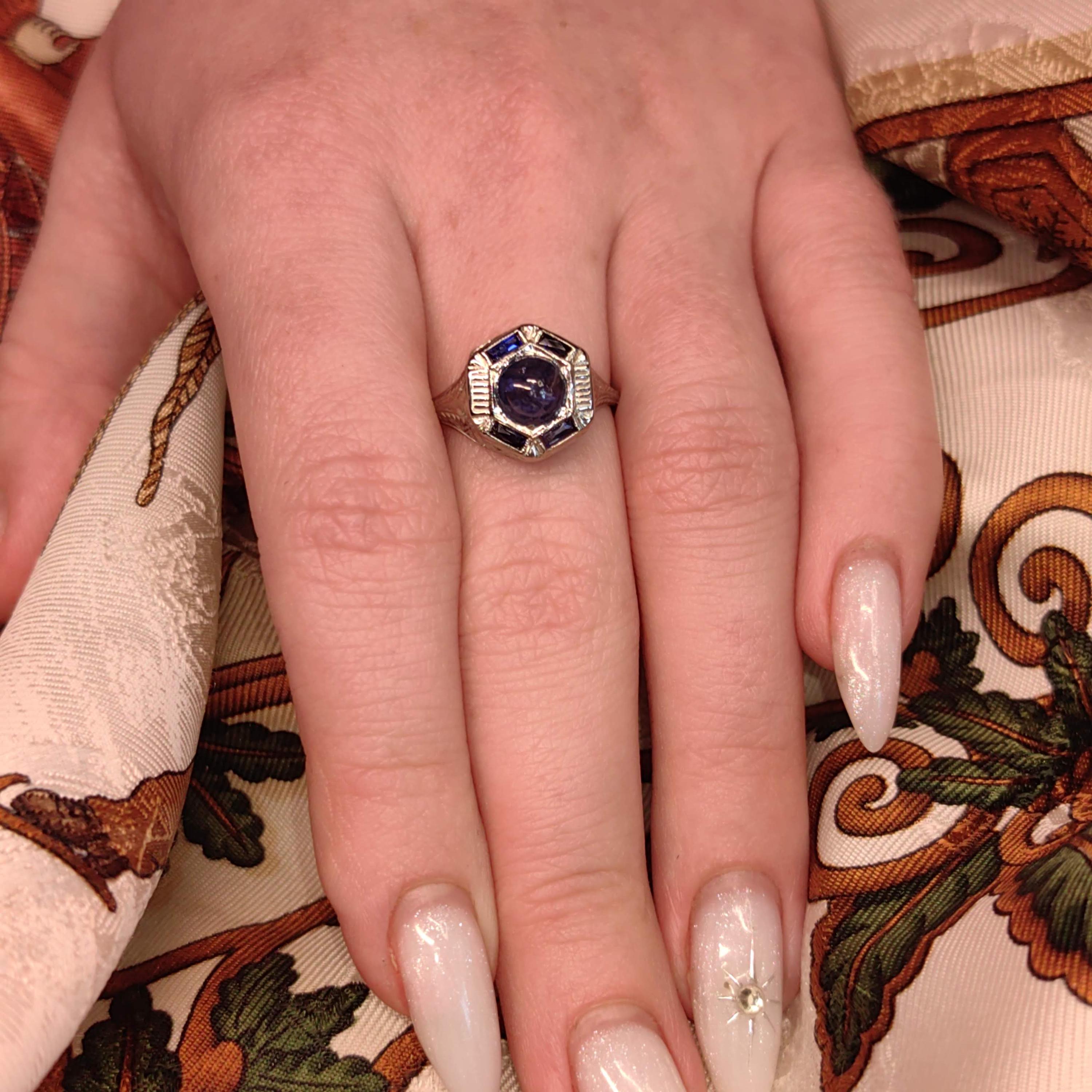 Vintage Art Deco 1920s Edwardian 14k Solid White Gold Natural Blue Star Sapphire Hand Chiselled Elegant Ring Gift for Her Present