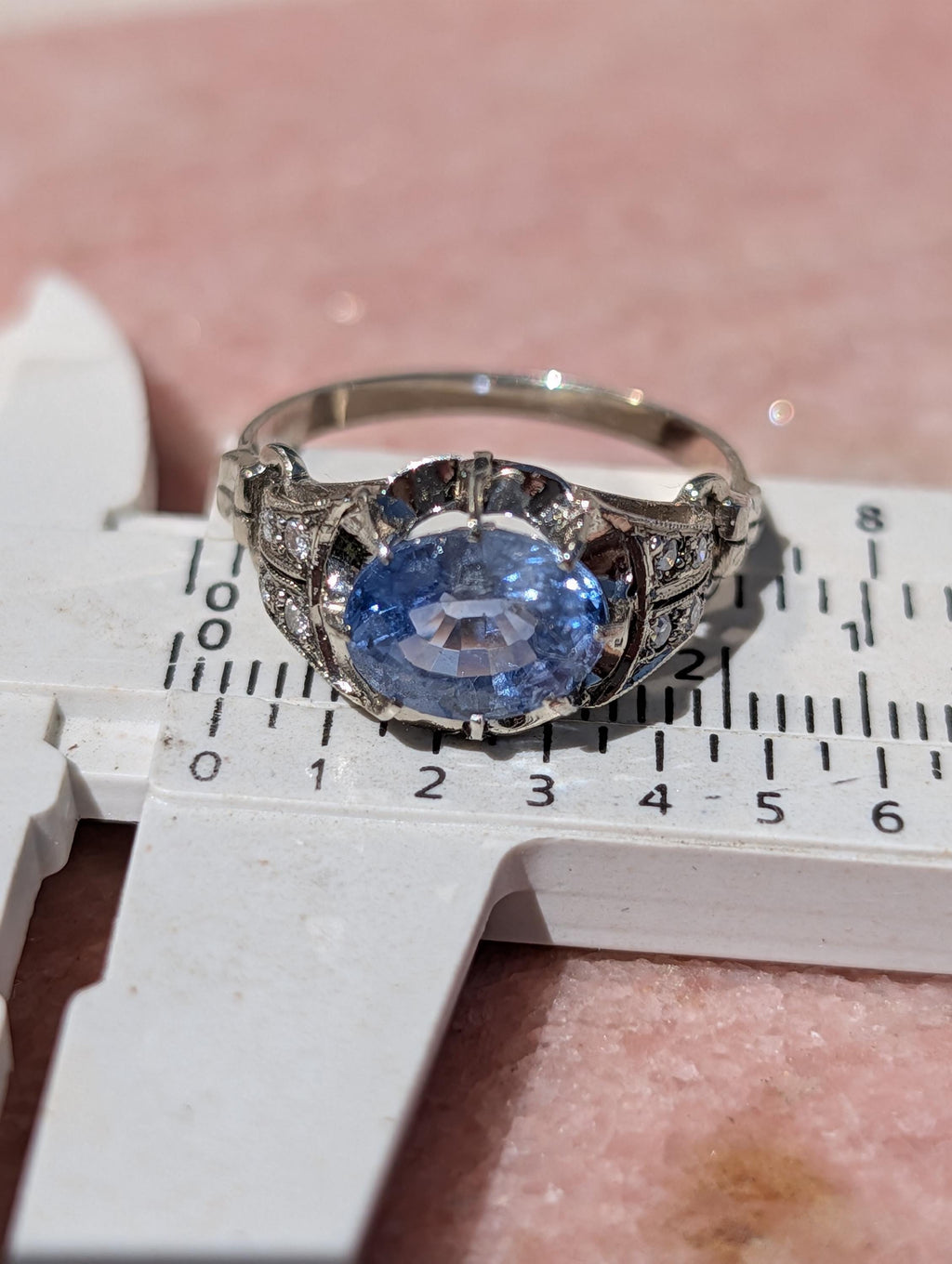 1910s Edwardian Natural Sapphire Diamond Ring 14k White Gold Cornflower Genuine Blue Sapphire Engagement Art Deco, Size 7.5 US.
