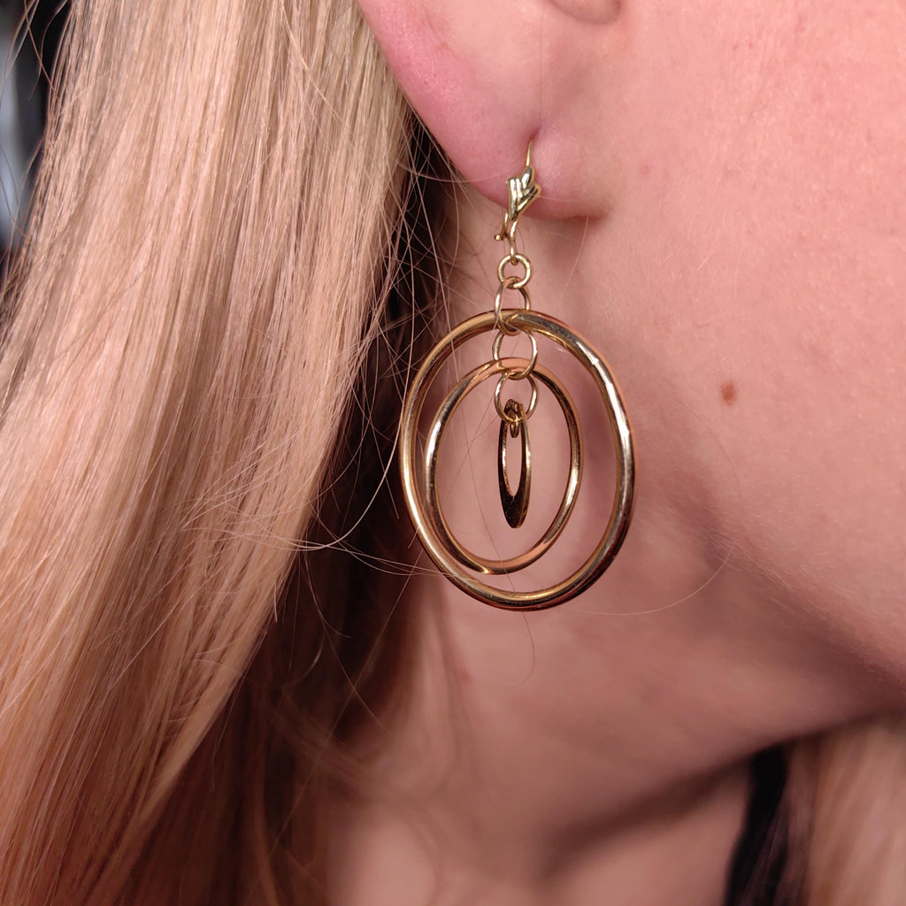 14k Yellow Gold Italy Round Dangle Drop Large Circle Hoop Gipsy Earrings Handmade Gift for Her Present
