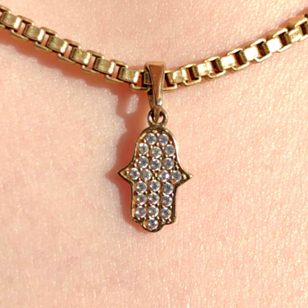 Vintage Cubic Zirconia Solid 9k Hallmarked Yellow Gold Hand of Hamsa Hand of Fatima  Middle Eastern Protection Luck Pendant Bracelet Charm