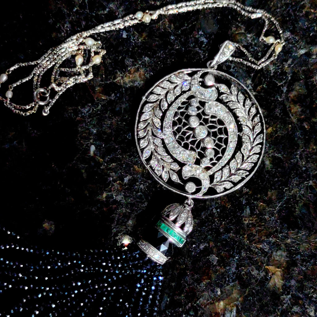Art Deco Diamond Emerald Onyx Pendant Necklace: 14k Gold Pearl Chain
