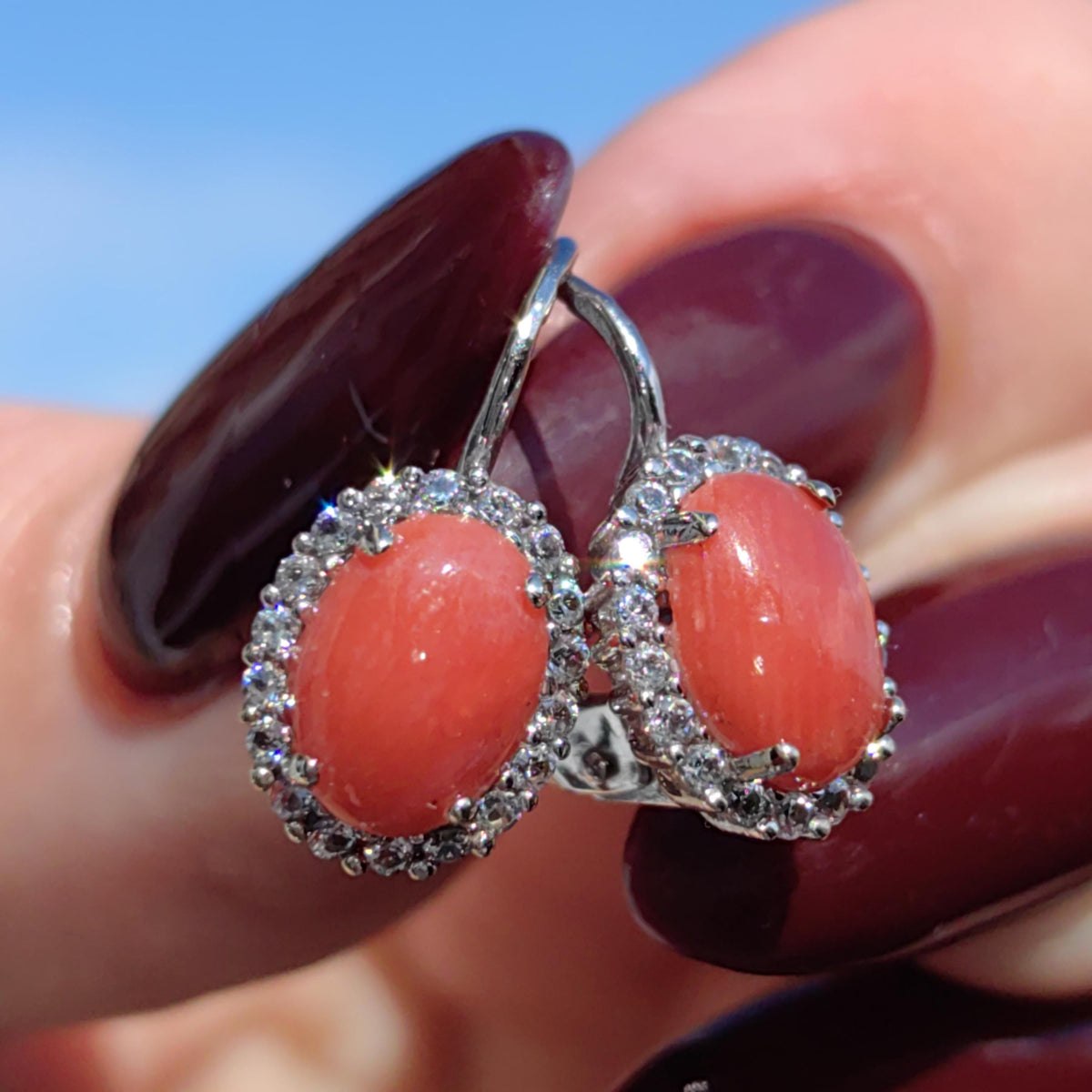 14k White Gold Oval Mediterranean Coral CZ Earrings – Vintage 1980s Sleepers