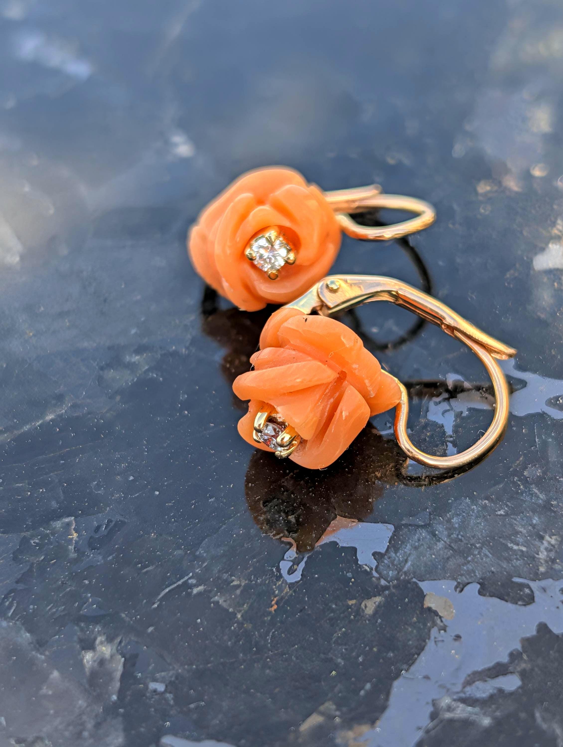 1950s Mid Century Hand Carved Coral Diamond 14k Gold Rose Earrings, Handmade Delicate Floral Lever Back Sleepers Earrings, Gift for Her