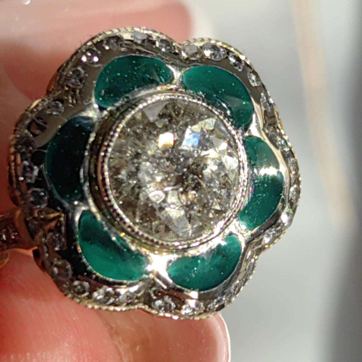 Art Deco Diamond Enamel Ring: 2.15ct Old European Cut, 14k Yellow Gold