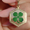 14k Gold Clover Pendant: Art Nouveau Enamel Four Leaf Luck Charm