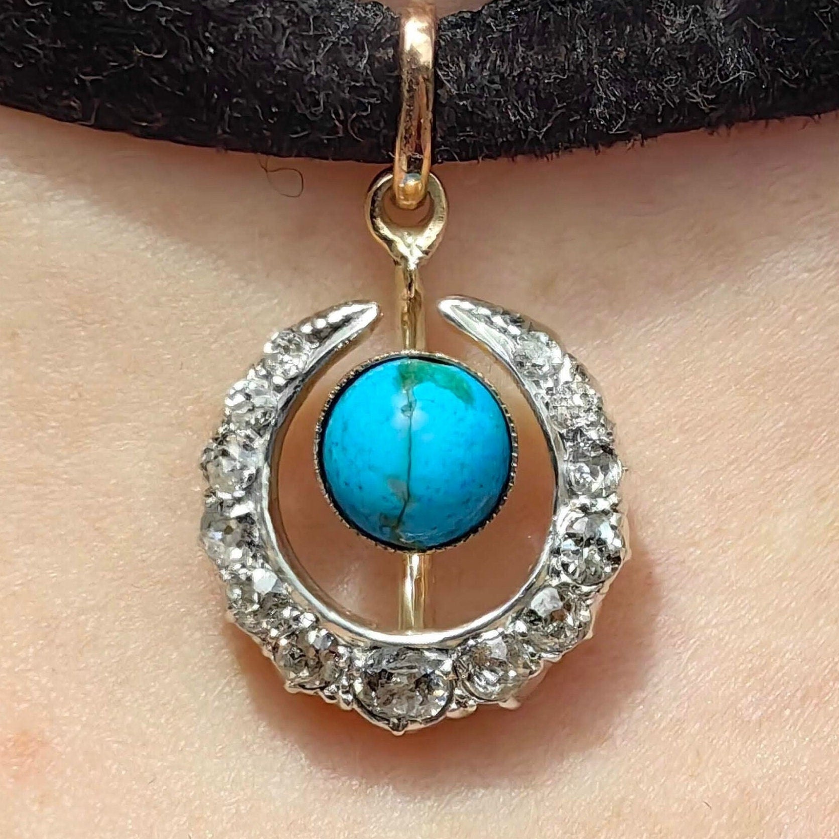 Art Nouveau Antique Vintage Turquoise and Diamond Gold Moon Pendant