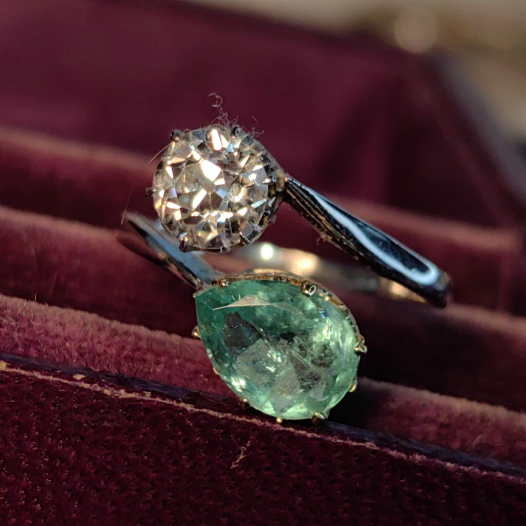 Edwardian Colombian Emerald Diamond Ring: 18k White Gold Antique Engagement Band