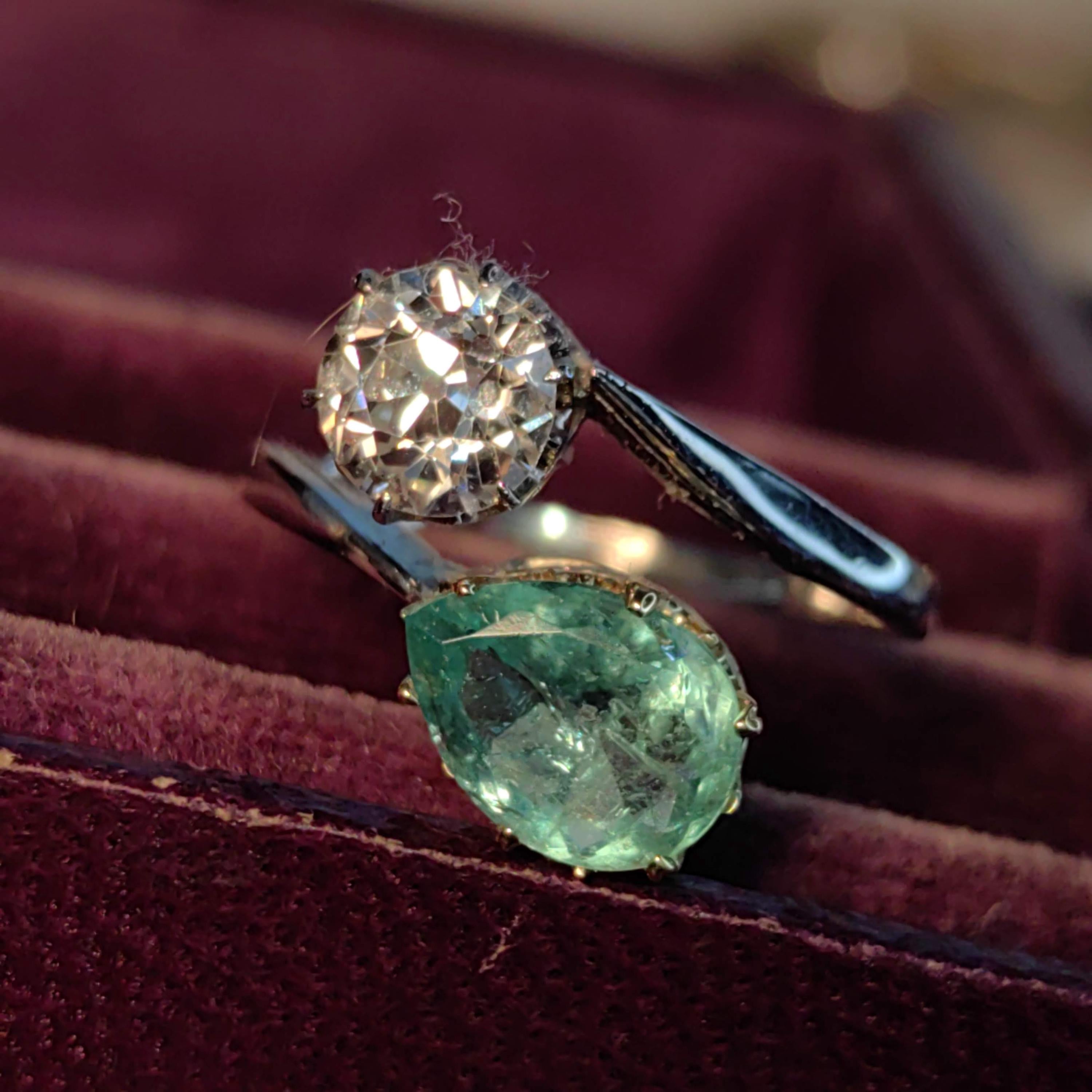 Edwardian Colombian Emerald Diamond Ring: 18k White Gold Antique Engagement Band