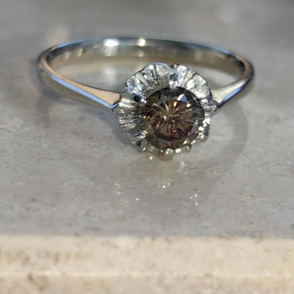 Fancy Brown Diamond White 18k Hallmarked Gold Elegant Solitaire Engagement Ring Gift for Her Present Cognac Diamond