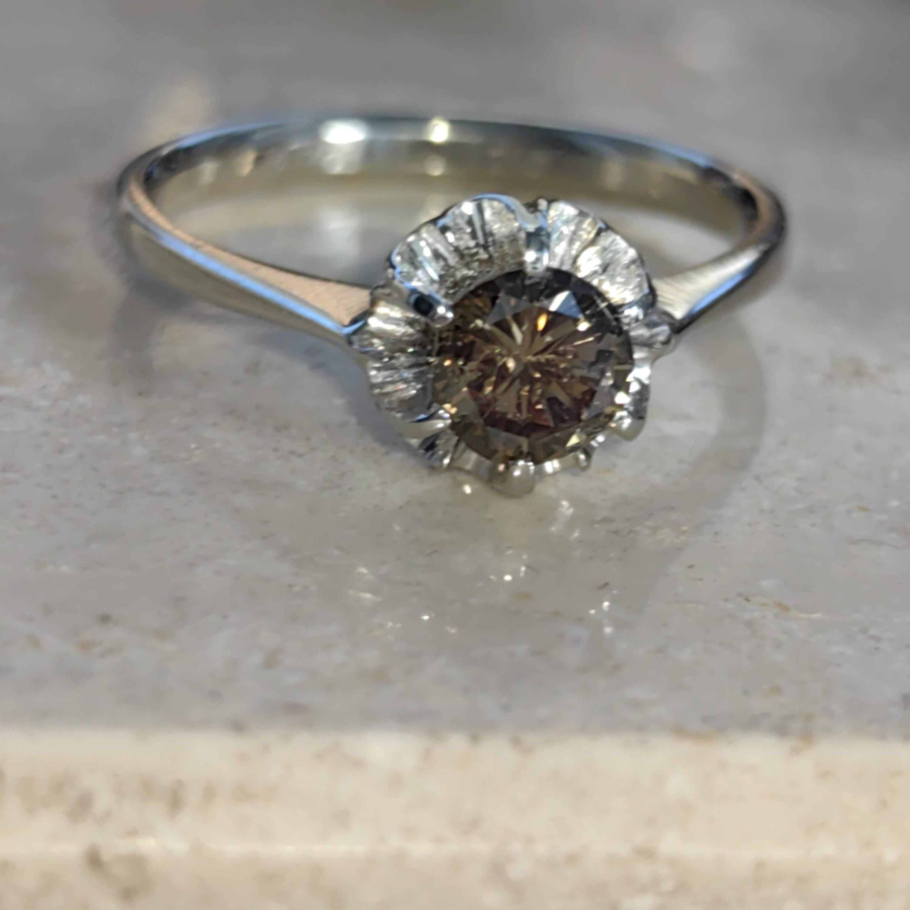 Fancy Brown Diamond White 18k Hallmarked Gold Elegant Solitaire Engagement Ring Gift for Her Present Cognac Diamond
