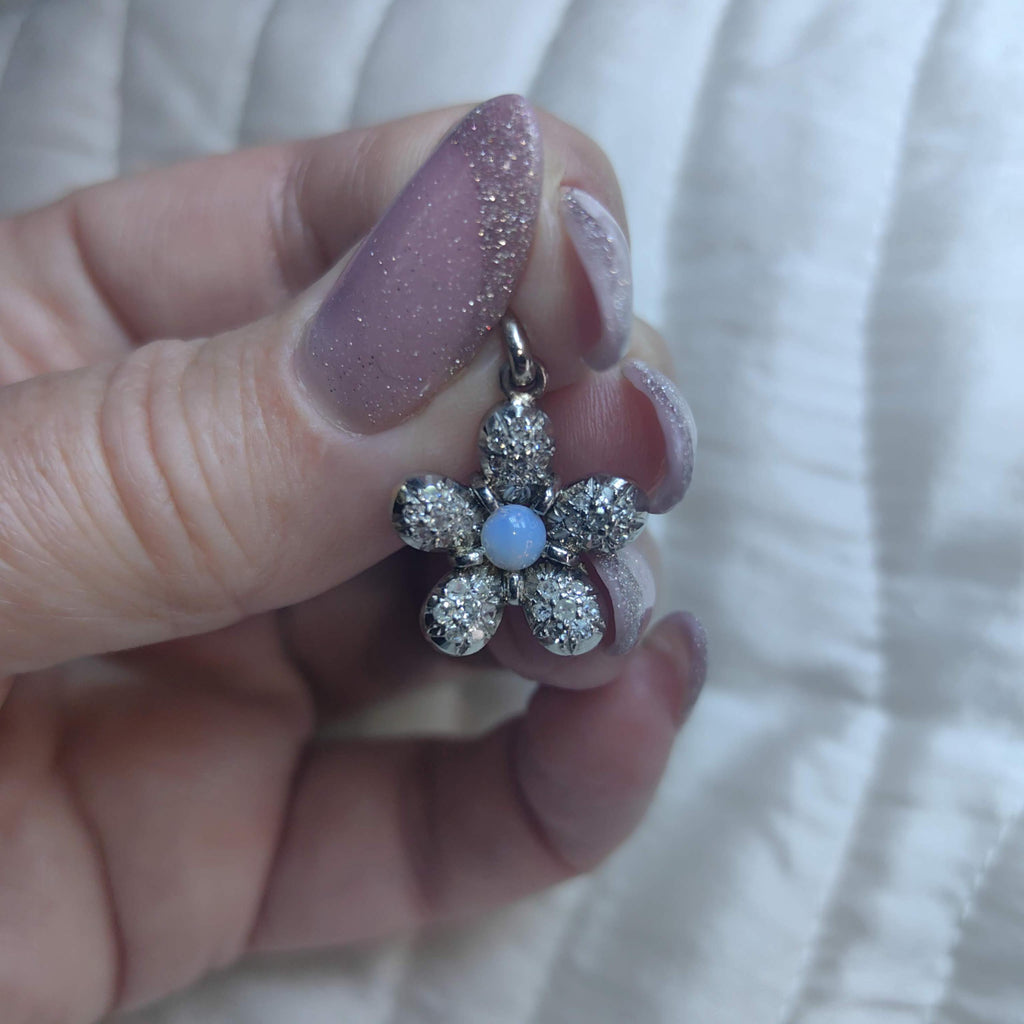 Art Deco Diamond Moonstone Flower Pendant: 18k White Gold Charm