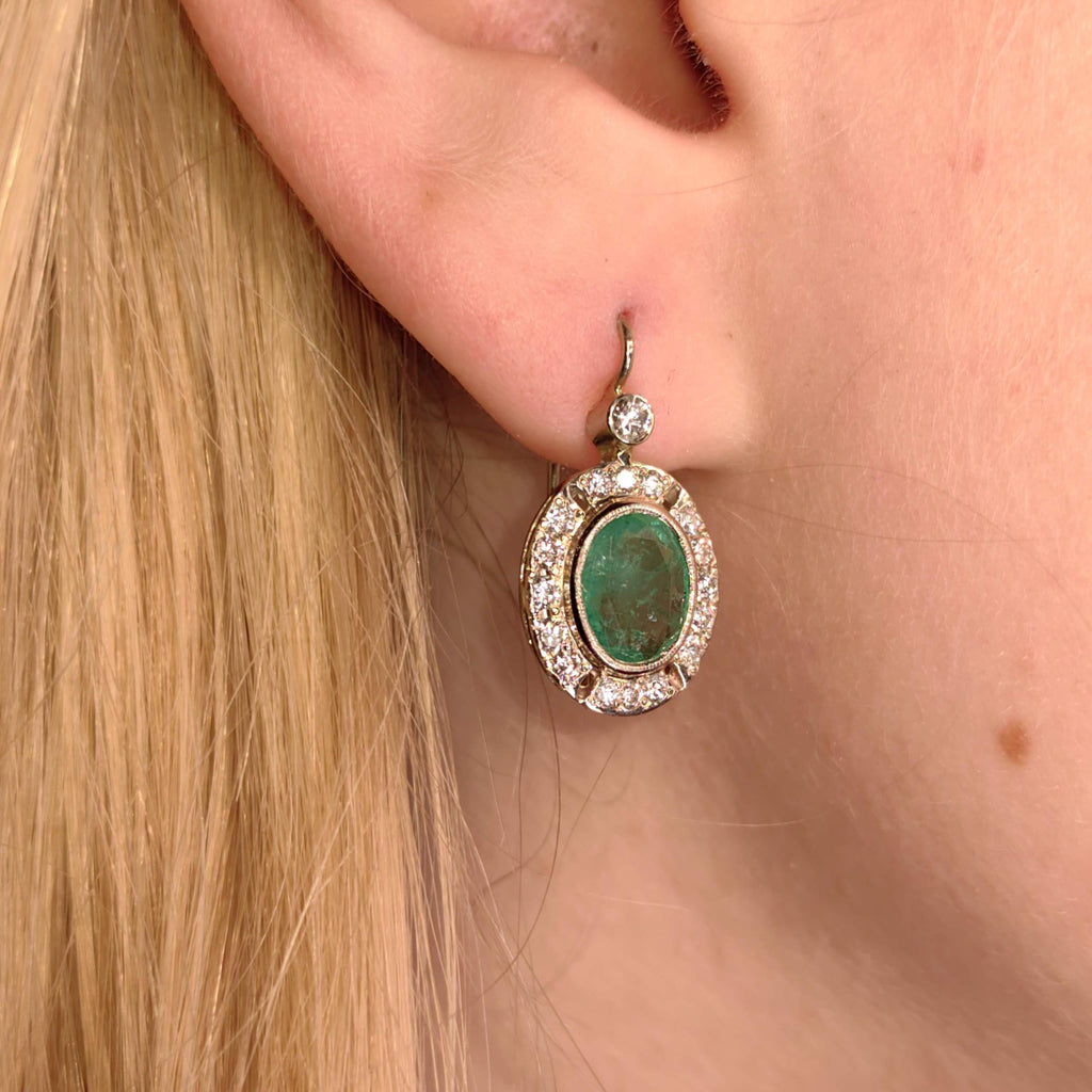Mid Century 1950s Genuine High Quality Green Emeralds and Diamond Earrings  14k Solid White Gold Sleepers Dangle Earrings gift for her