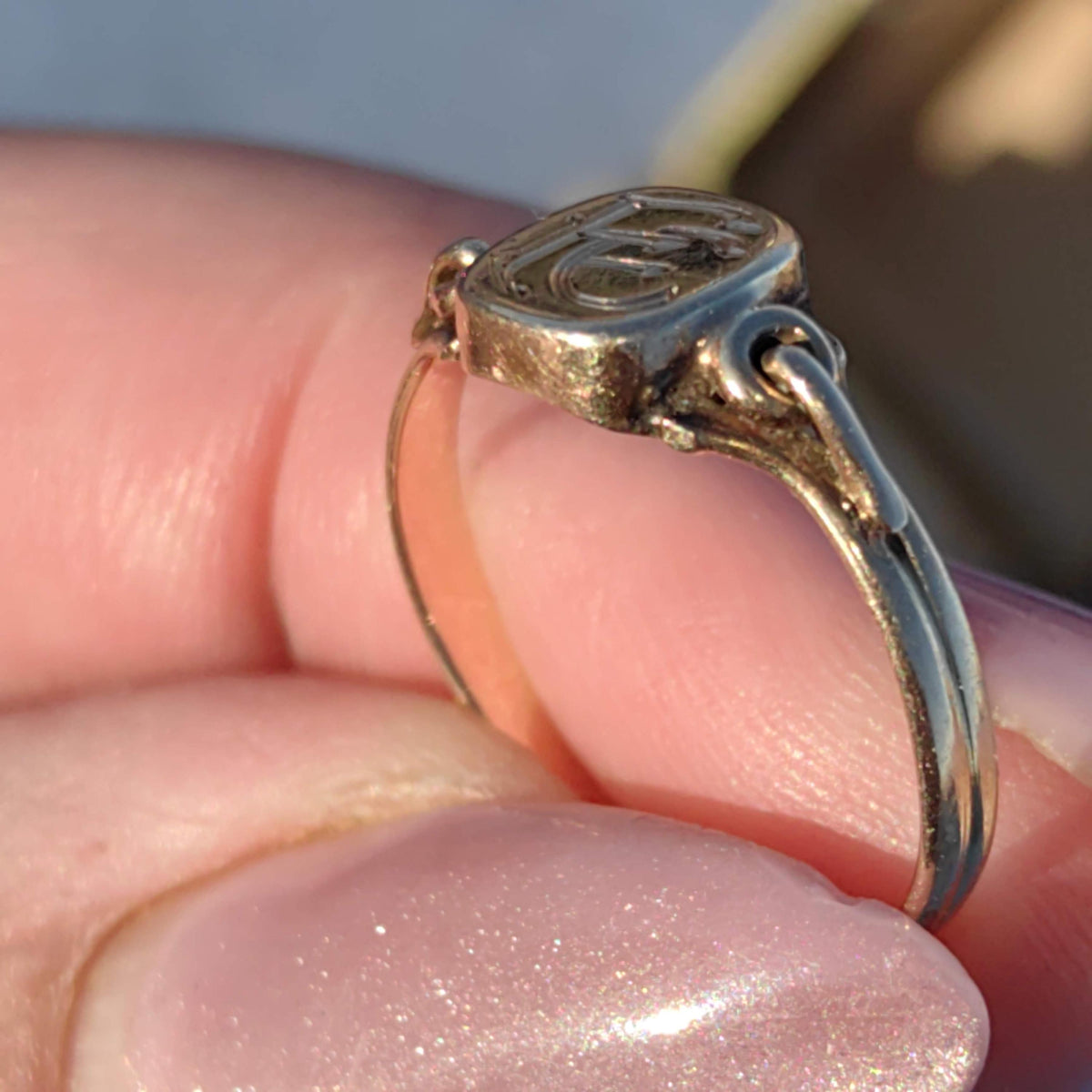 Solid Yellow Gold Antique F E Initials Letter Name Family Signet Ring Elegant Vintage Gift Present