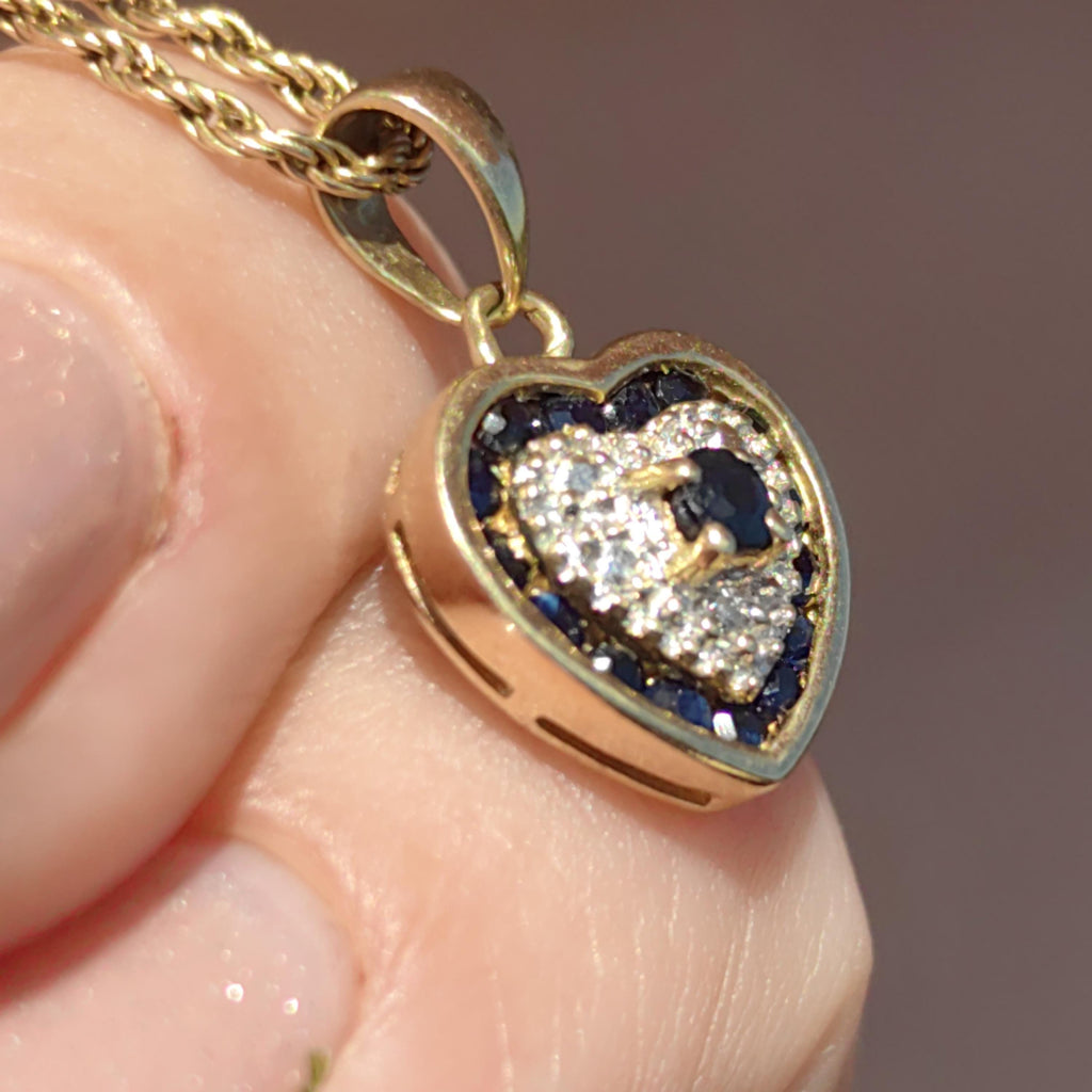 Sapphire Diamond 14k Yellow Gold Heart Pendant - Vintage Charm
