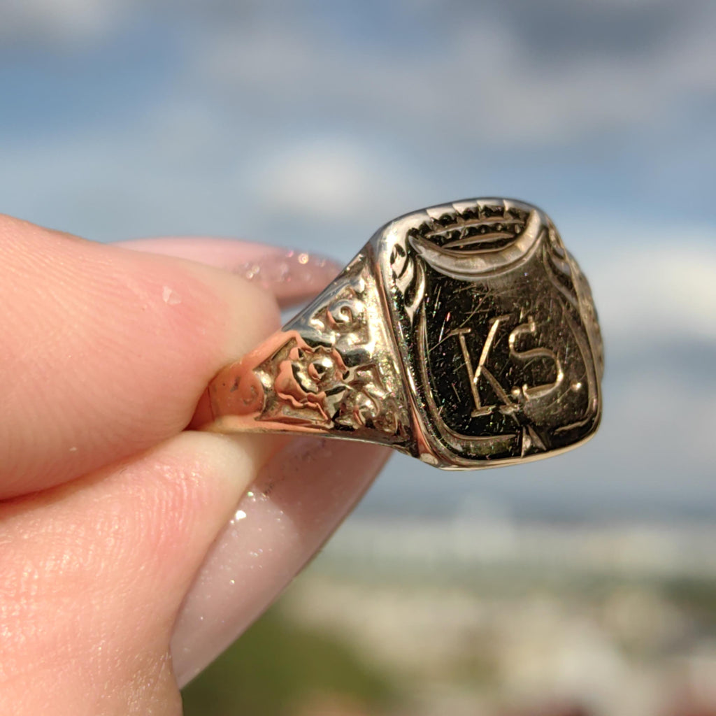 14k Yellow Gold Antique Signet Ring: Crown & KS Initials, Size 11