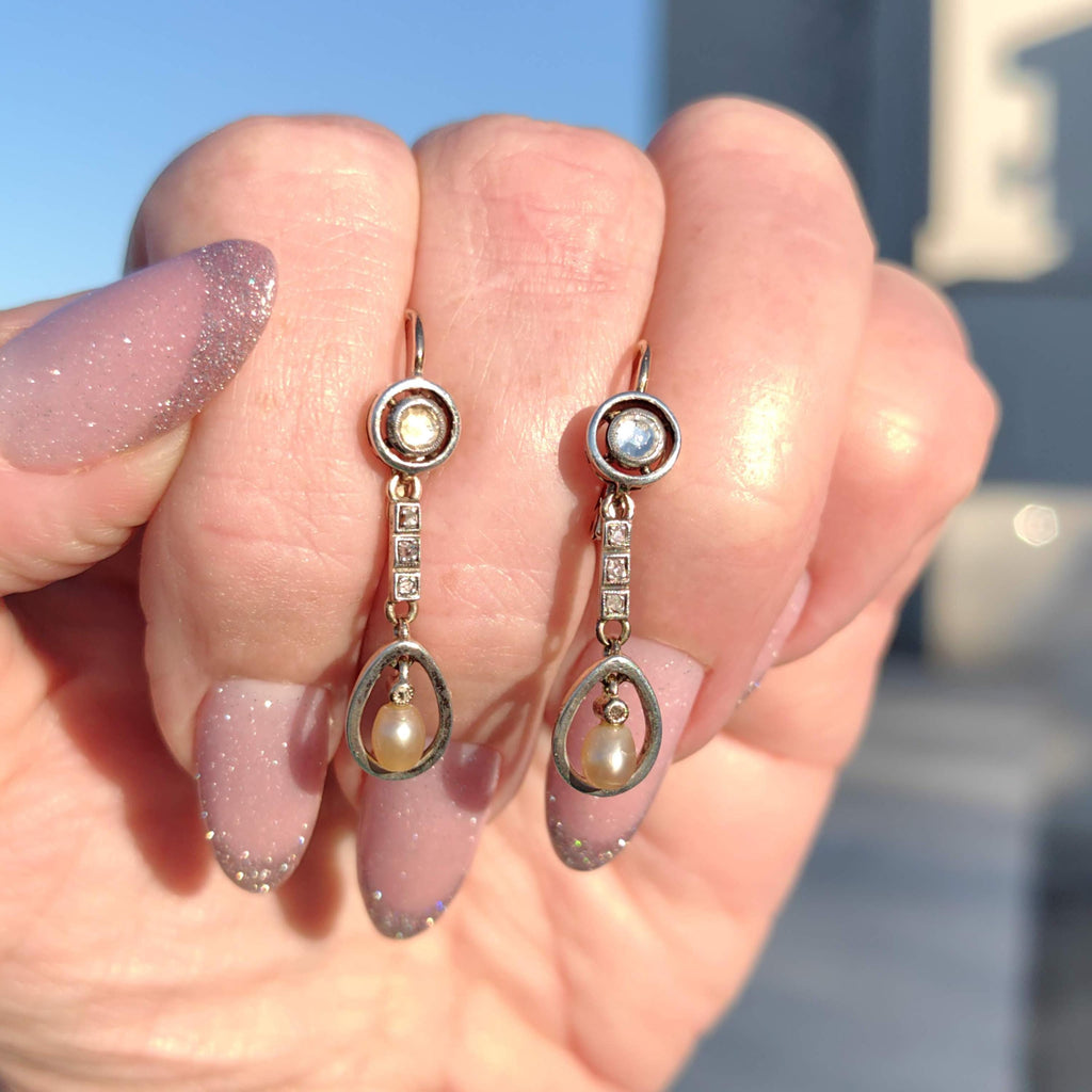 Antique 18k Gold Pearl Earrings: Rose Cut Diamond Art Nouveau Dangles