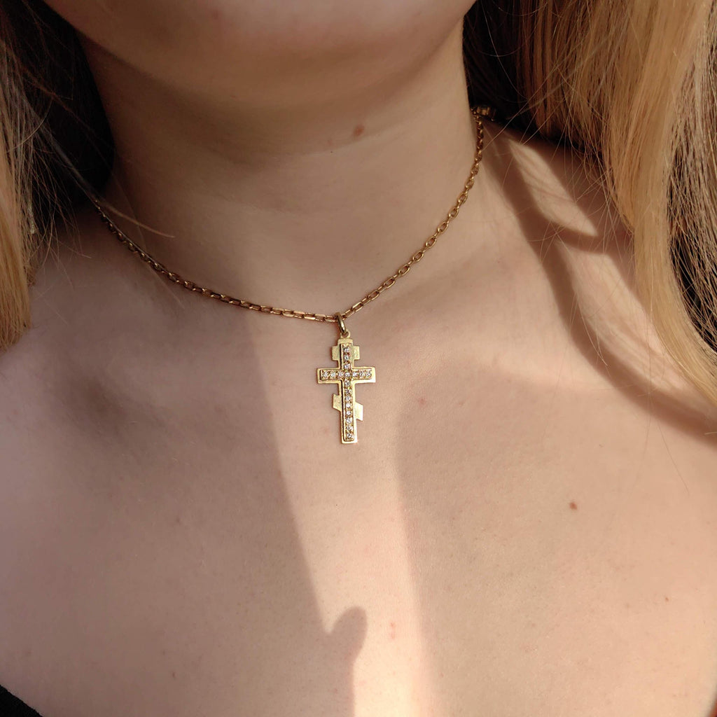 Diamond Orthodox Cross Pendant: 18K Yellow Gold Byzantine Necklace