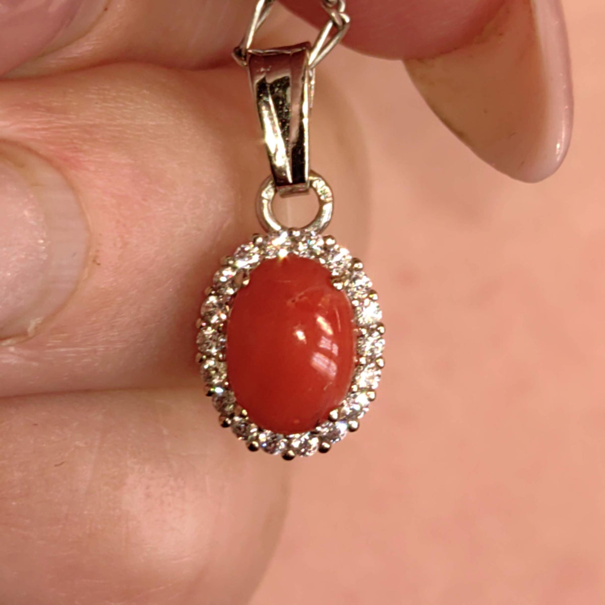 Vintage Natural Mediterranean Red Coral Solid 14k 585 Hallmarked White Gold Elegant Dainty Cubic Zirconia Halo Pendant Gift for Her Present