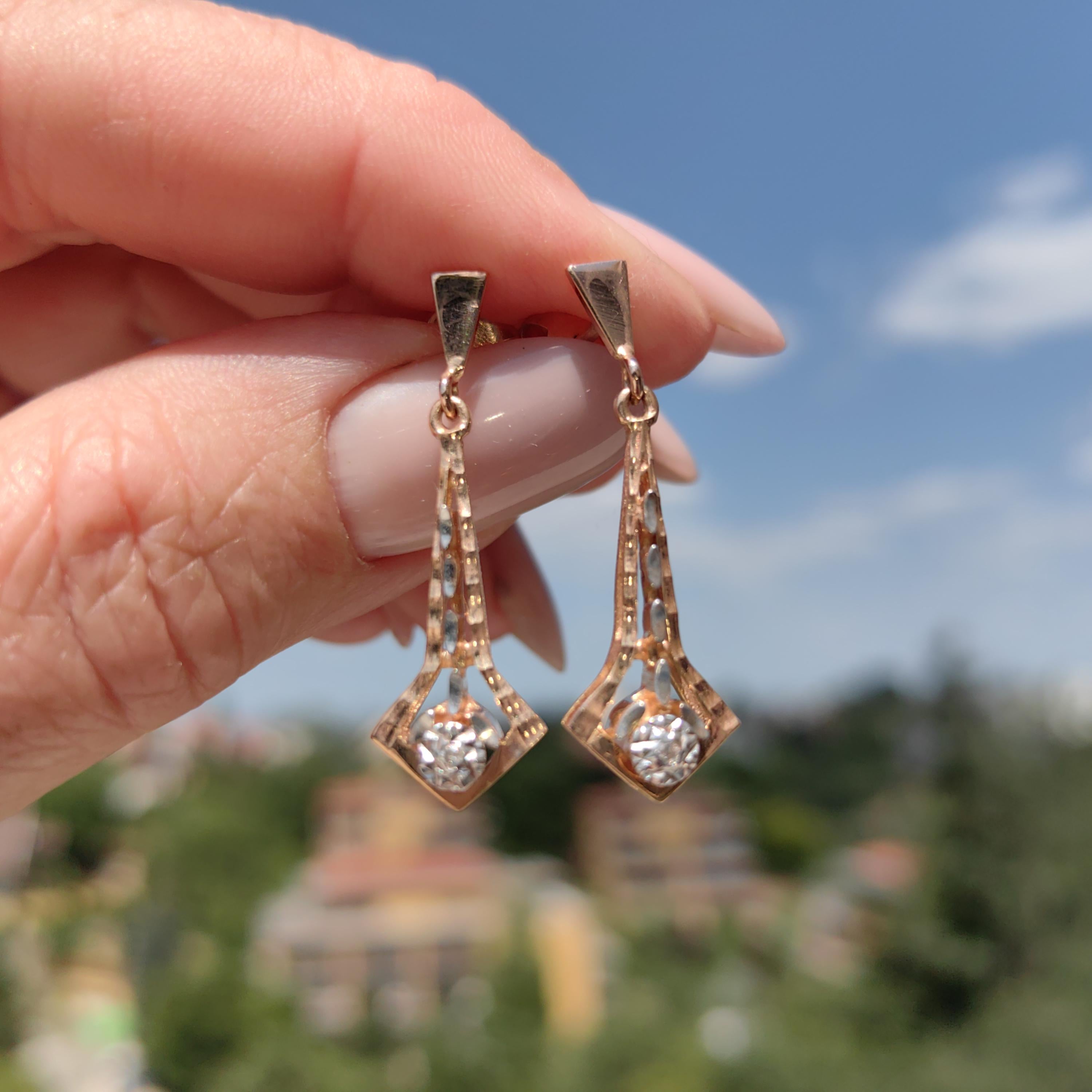 Vintage Diamond Dangle Earrings: Champagne Rose Gold, Hallmarked