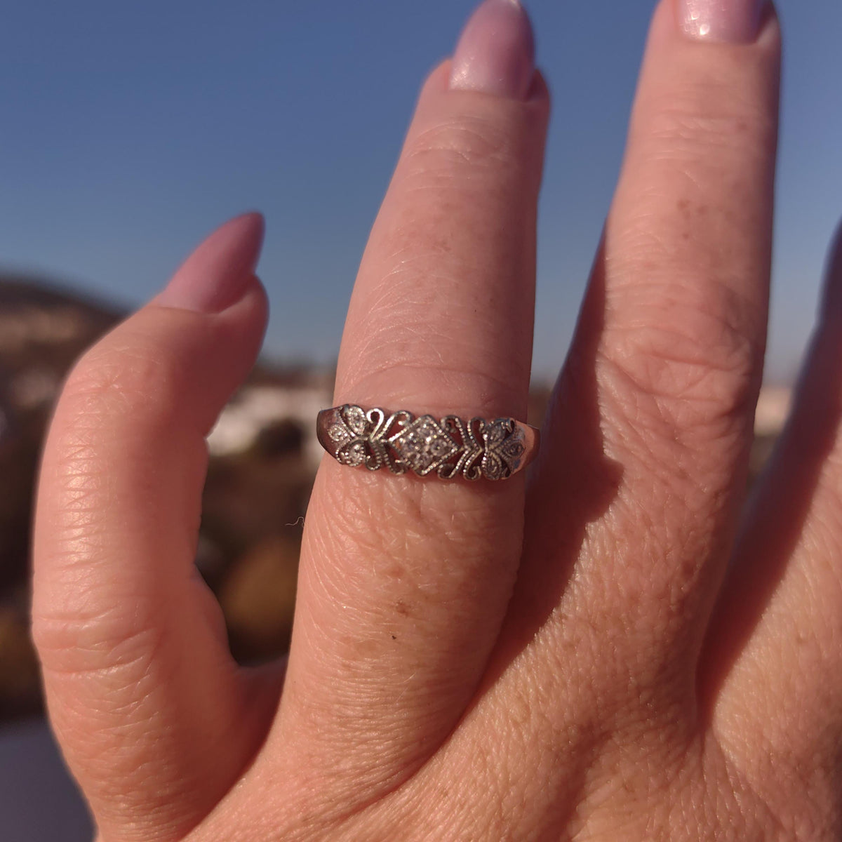 Natural Diamond 14K Solid White Gold Elegant Antique Mid Century Engagement Ring Gift for Her Present
